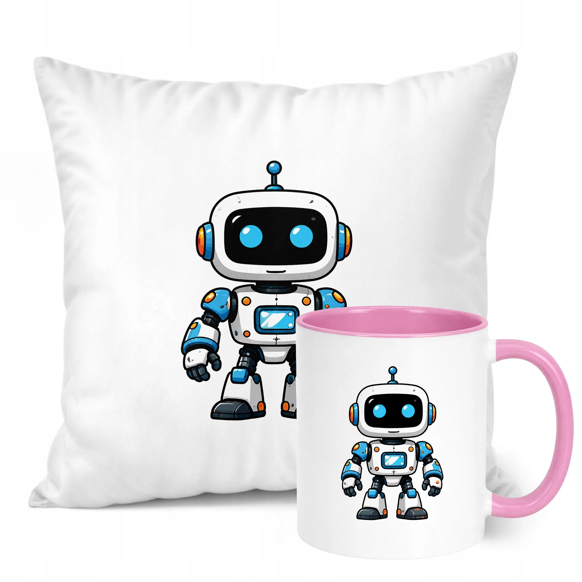 Zestaw Kubek Różowy Poduszka Z Nadrukiem Robot Prezent