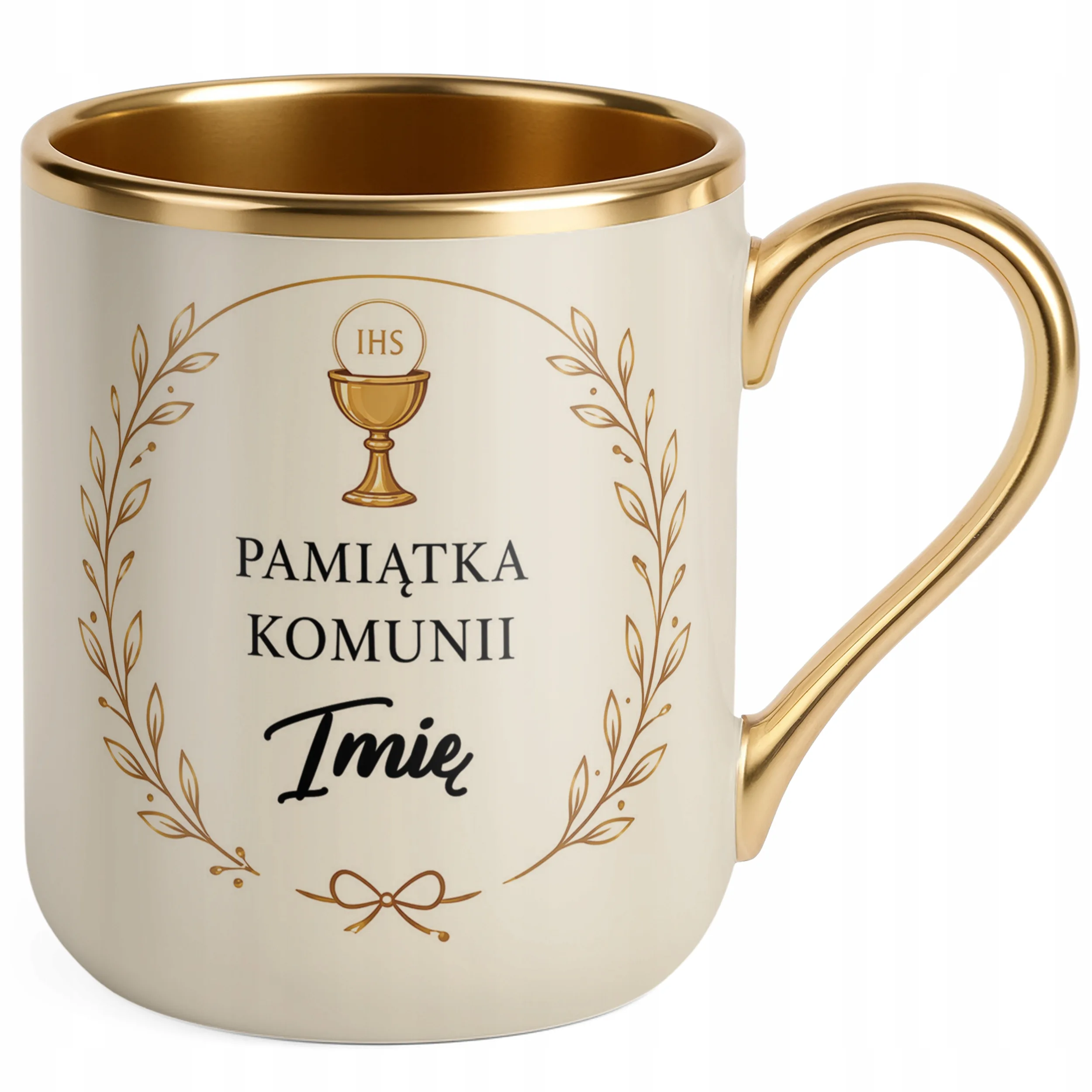 Kubek złoty ecru personalizowany Pierwsza Komunia pamiątka