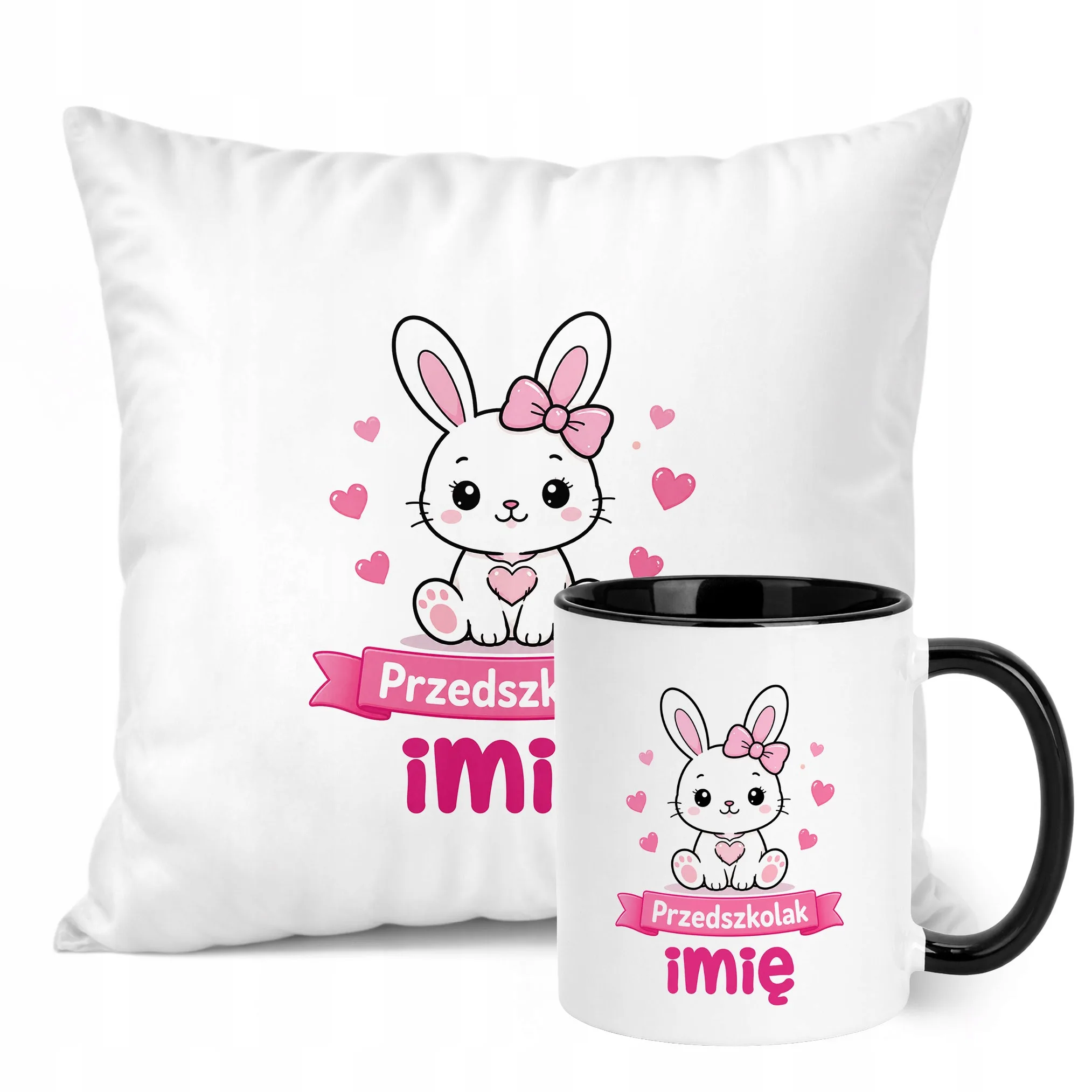 Zestaw Personalizowany Kubek Czarny Poduszka Przedszkolak Króliczek