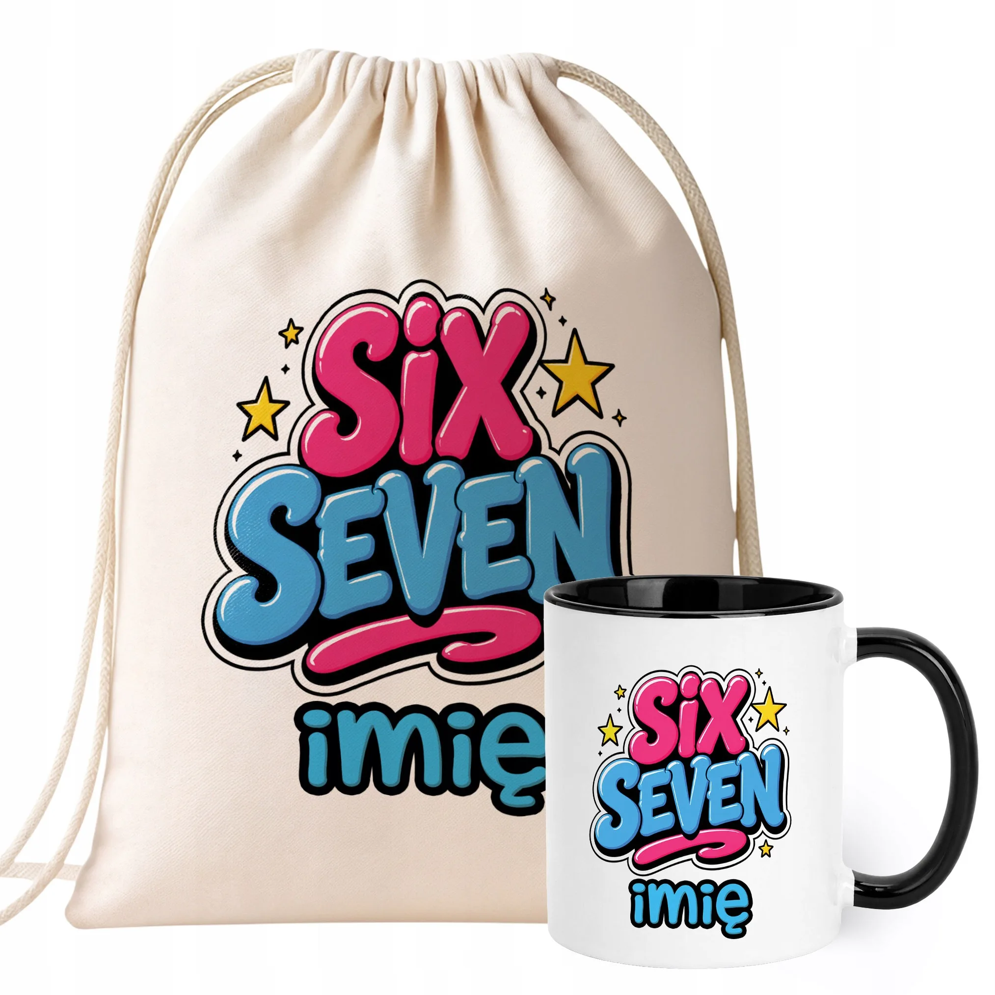 Zestaw Personalizowany Plecak Worek Kubek Czarny 67 Six Seven Prezent