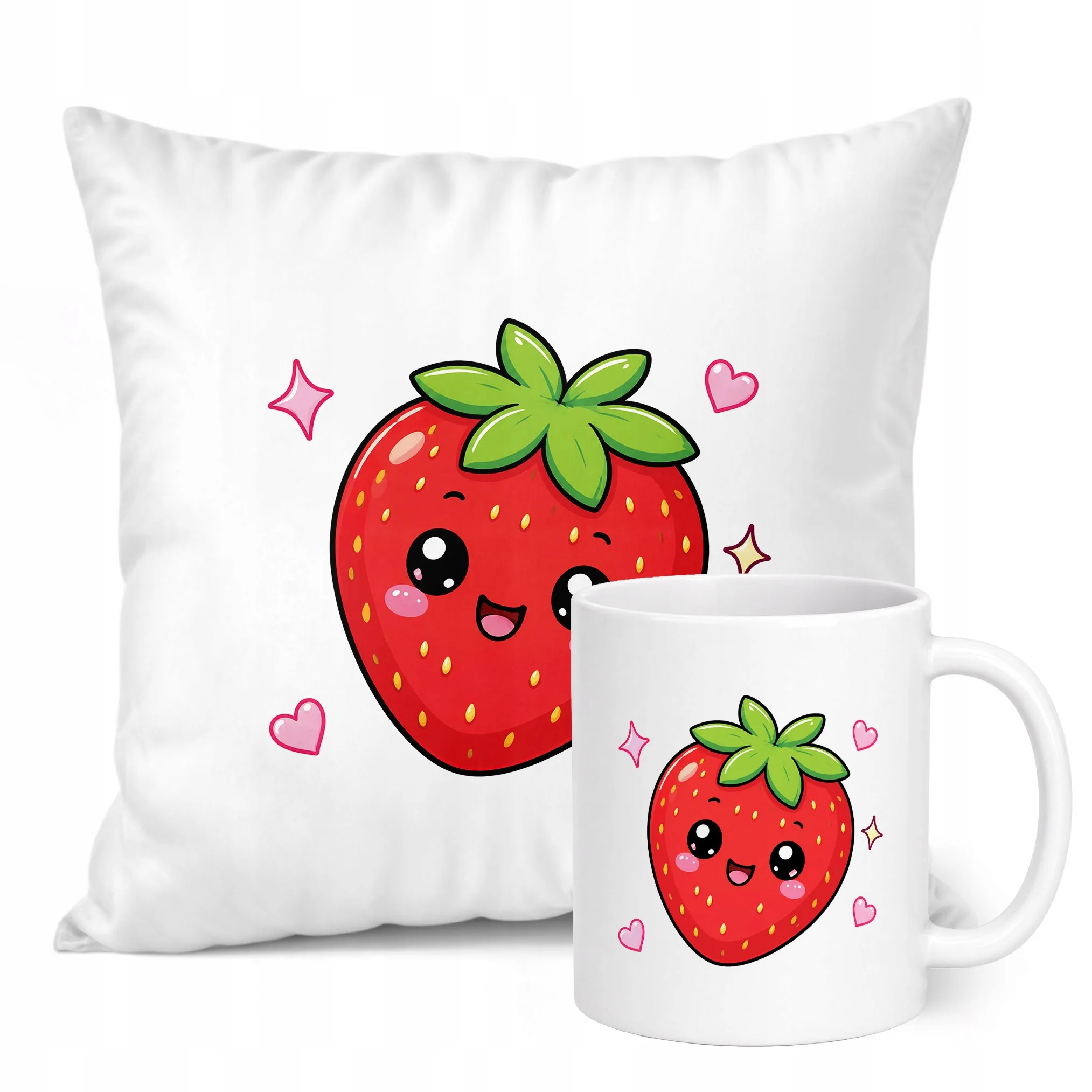 Zestaw Kubek Biały Poduszka Z Nadrukiem Kawaii Truskawka Prezent