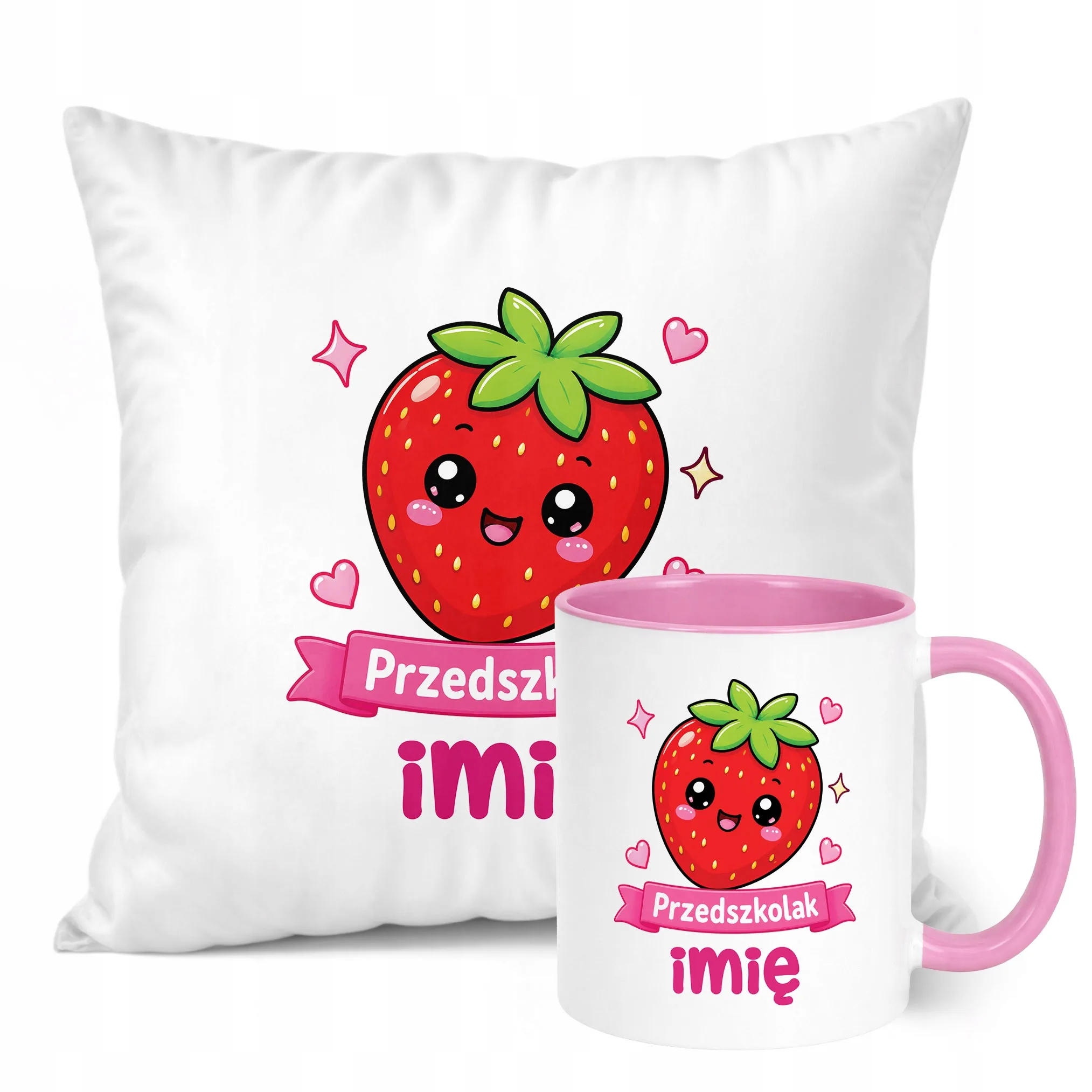 Zestaw Personalizowany Kubek Różowy Poduszka Przedszkolak Truskawka