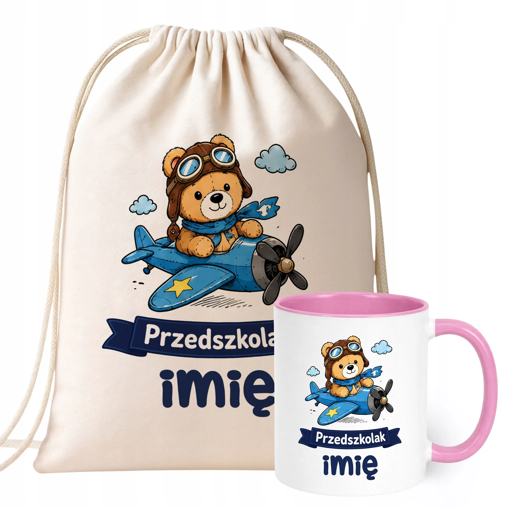 Zestaw Personalizowany Plecak Worek Kubek Różowy Przedszkolak Miś Prezent