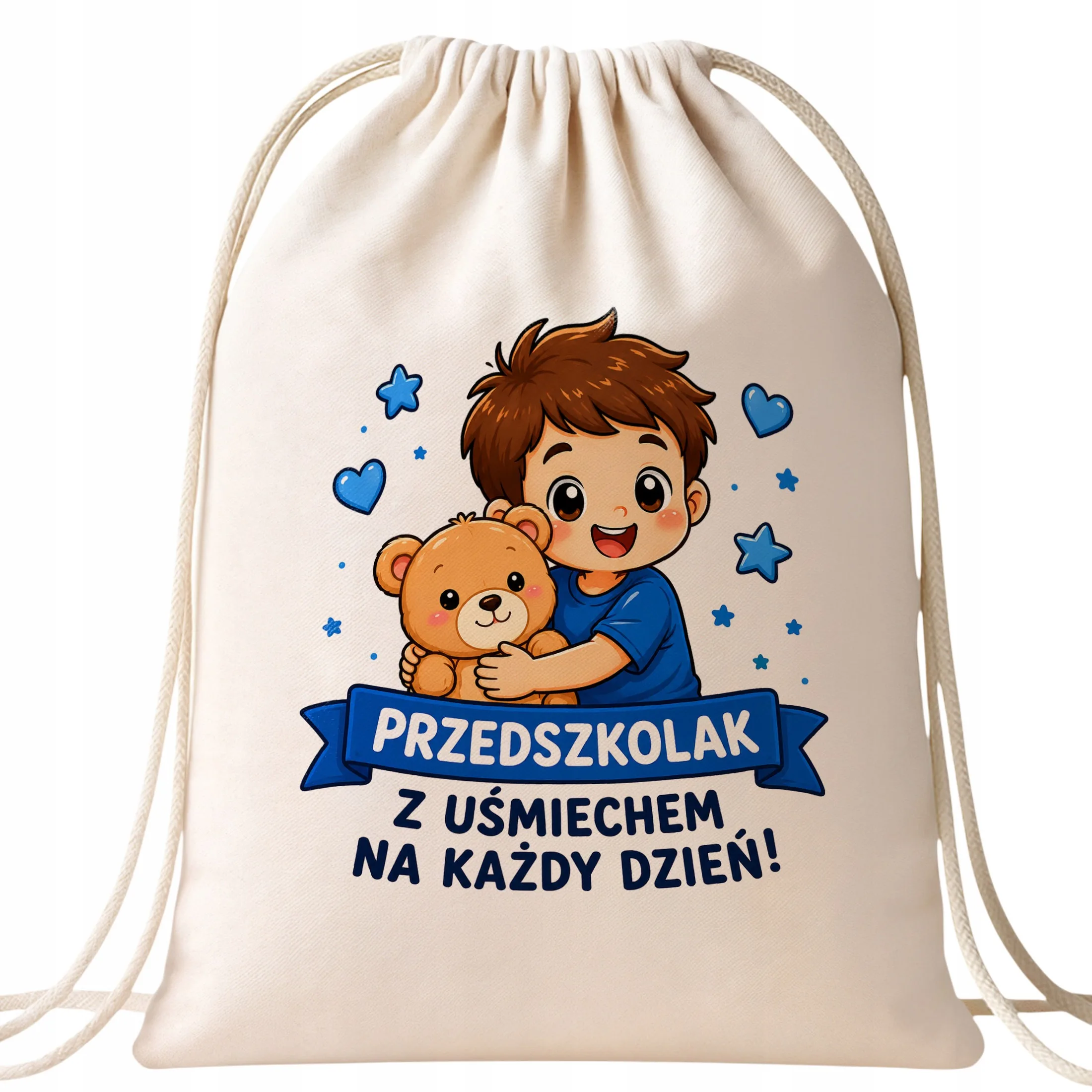 Plecak Worek Przedszkolak z Nadrukiem Bawełniany Szkolny na Buty Ecru