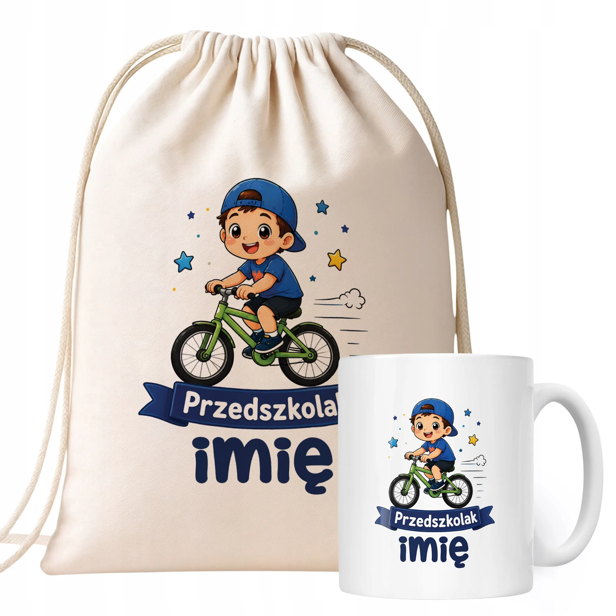 Zestaw Personalizowany Plecak Worek Kubek Przedszkolak Rower Prezent