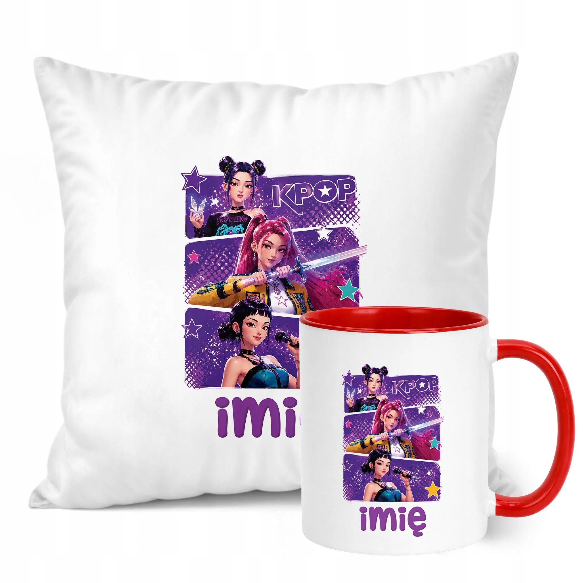 Zestaw Personalizowany Kubek Czerwony Poduszka Łowczynie Kpop Prezent