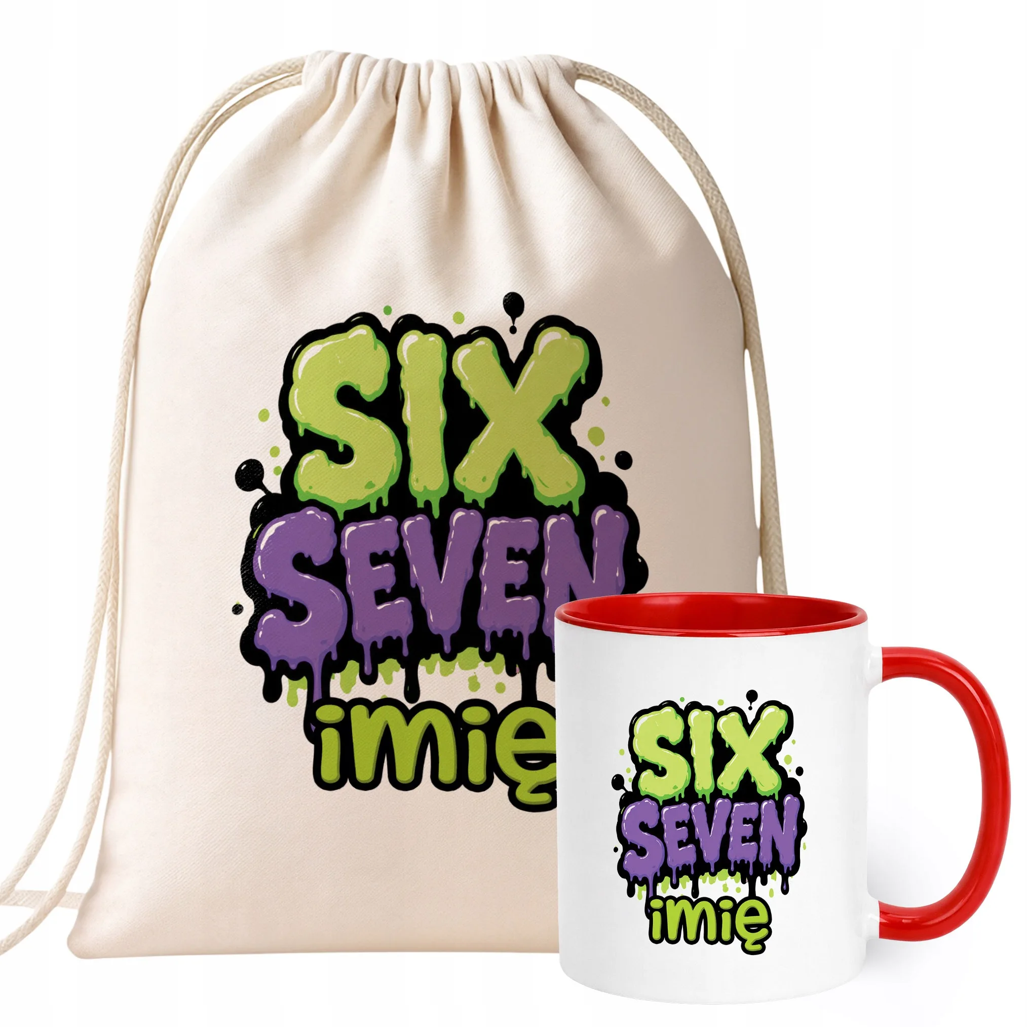 Zestaw Personalizowany Plecak Worek Kubek Czerwony 67 Six Seven Prezent