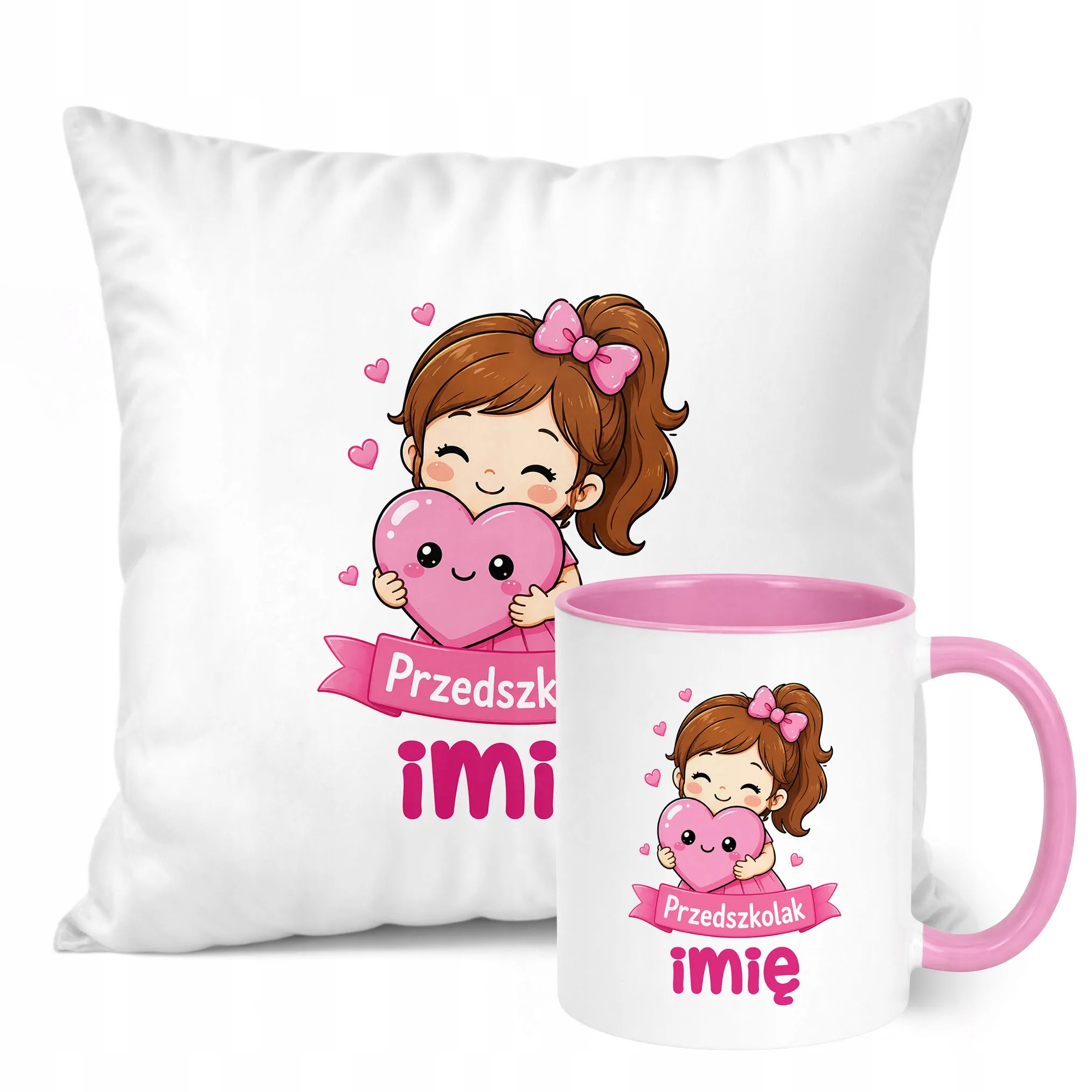 Zestaw Personalizowany Kubek Różowy Poduszka Przedszkolak Prezent