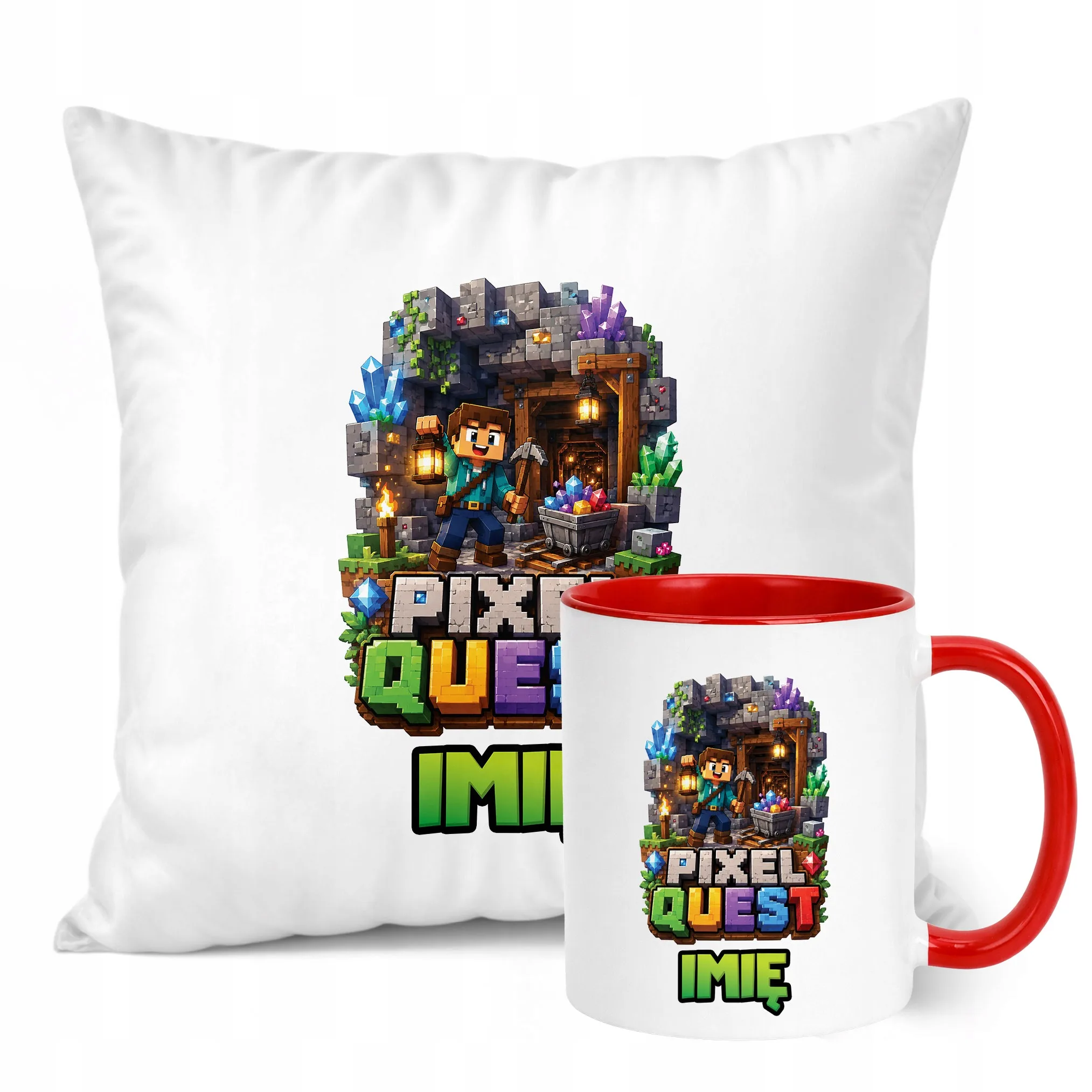 Zestaw Personalizowany Kubek Czerwony Poduszka gra Pixel Quest Prezent