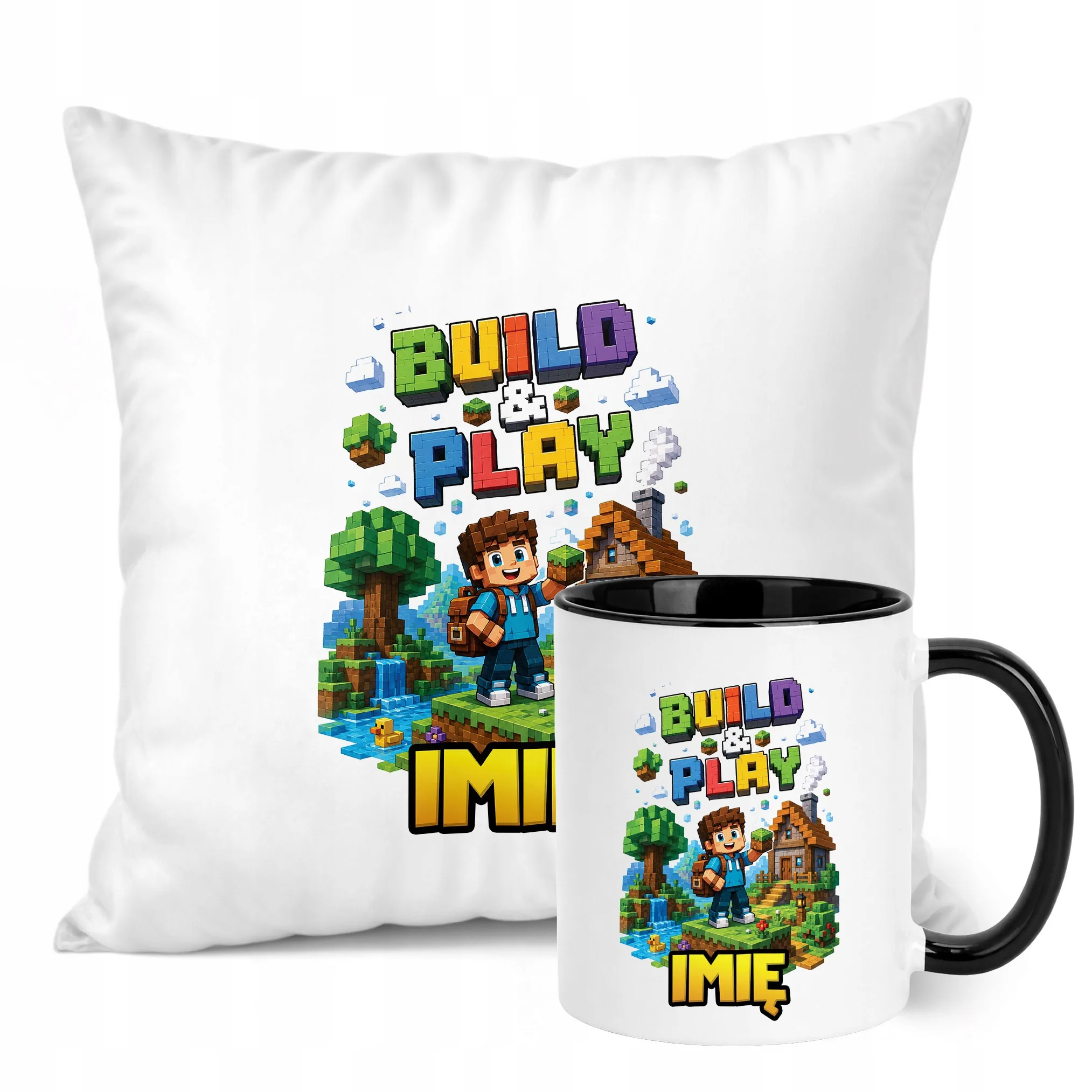 Zestaw Personalizowany Kubek Czarny Poduszka gra Build&Play Prezent
