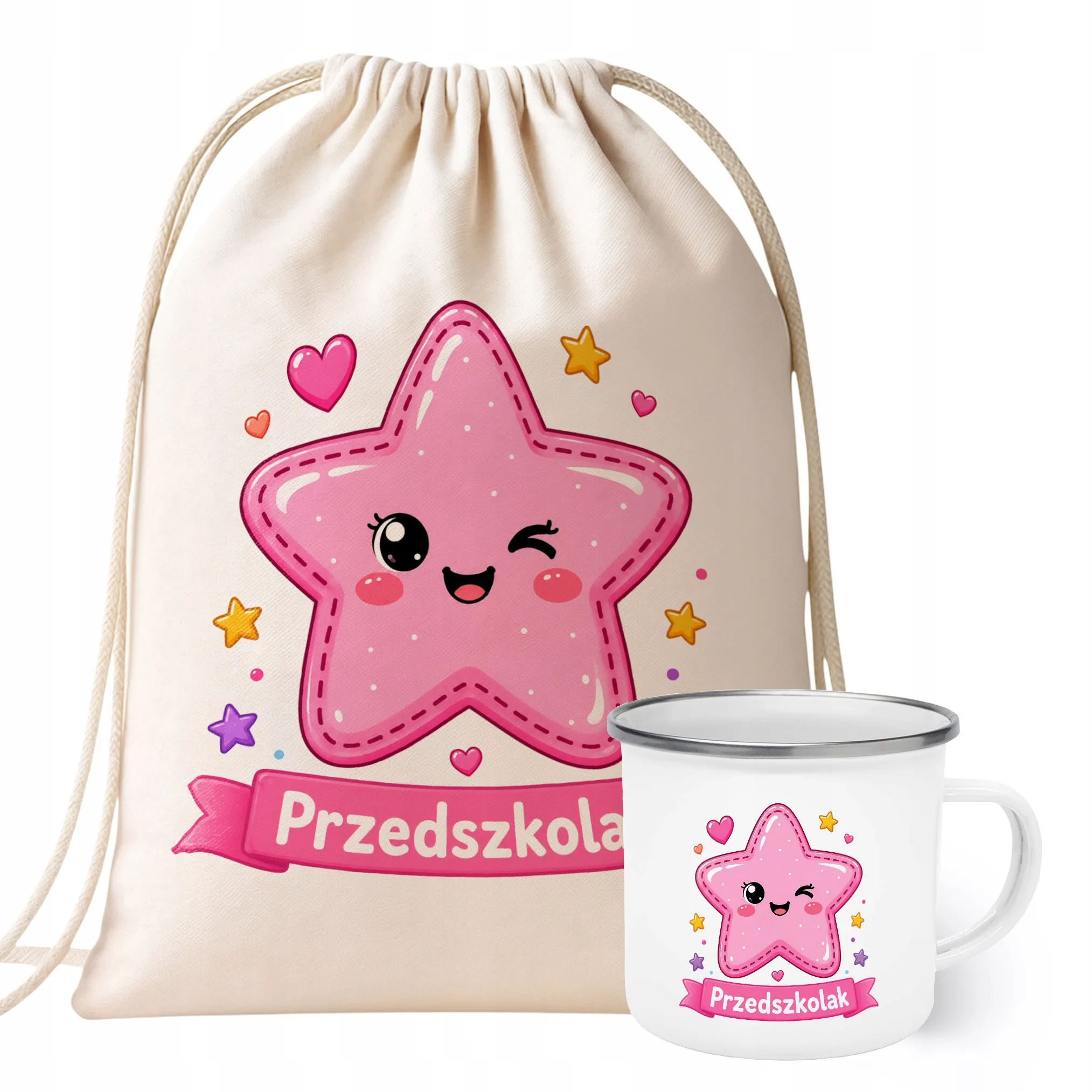 Zestaw Plecak Worek Kubek Emaliowany Z Nadrukiem Przedszkolak Szkoła