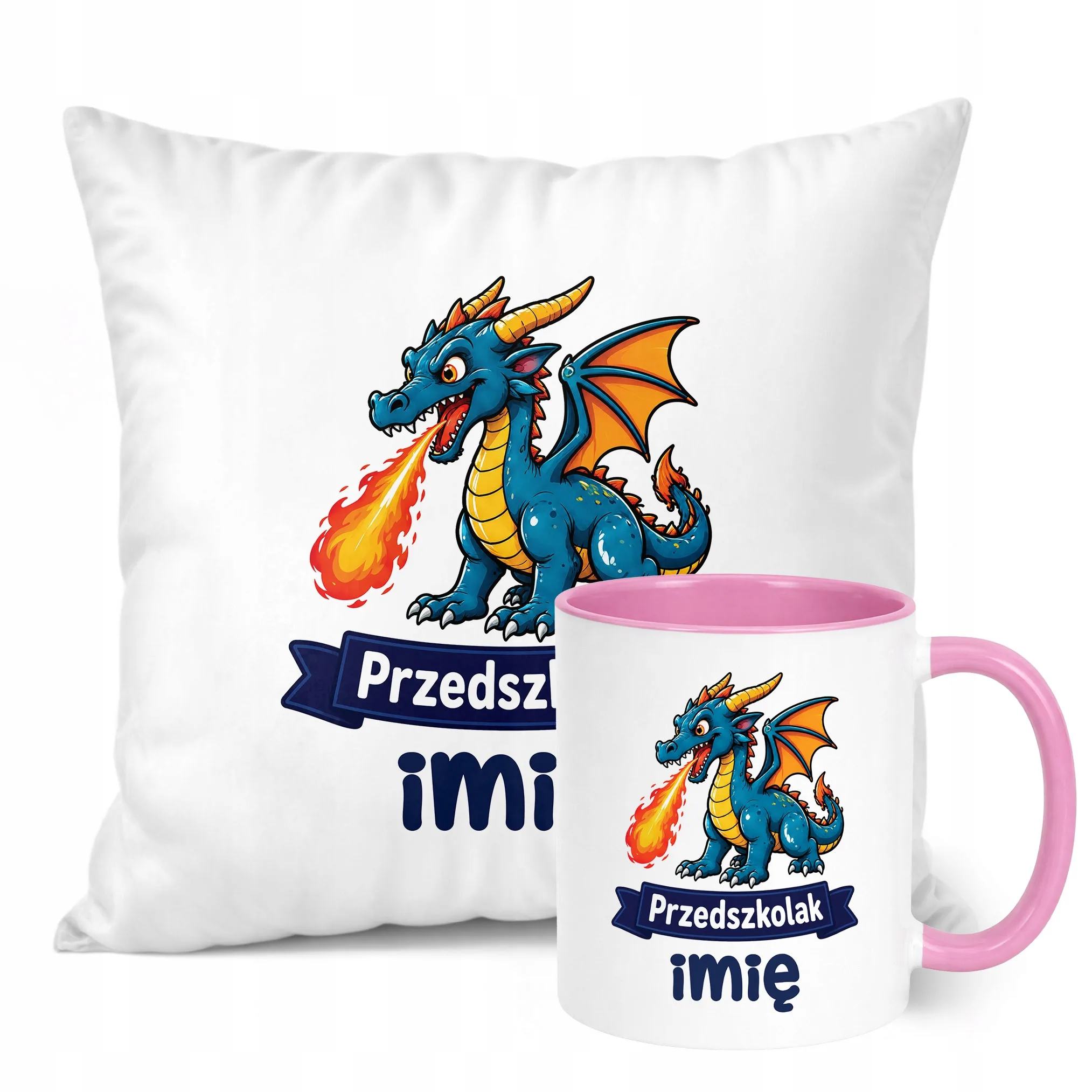 Zestaw Personalizowany Kubek Różowy Poduszka Przedszkolak Smok