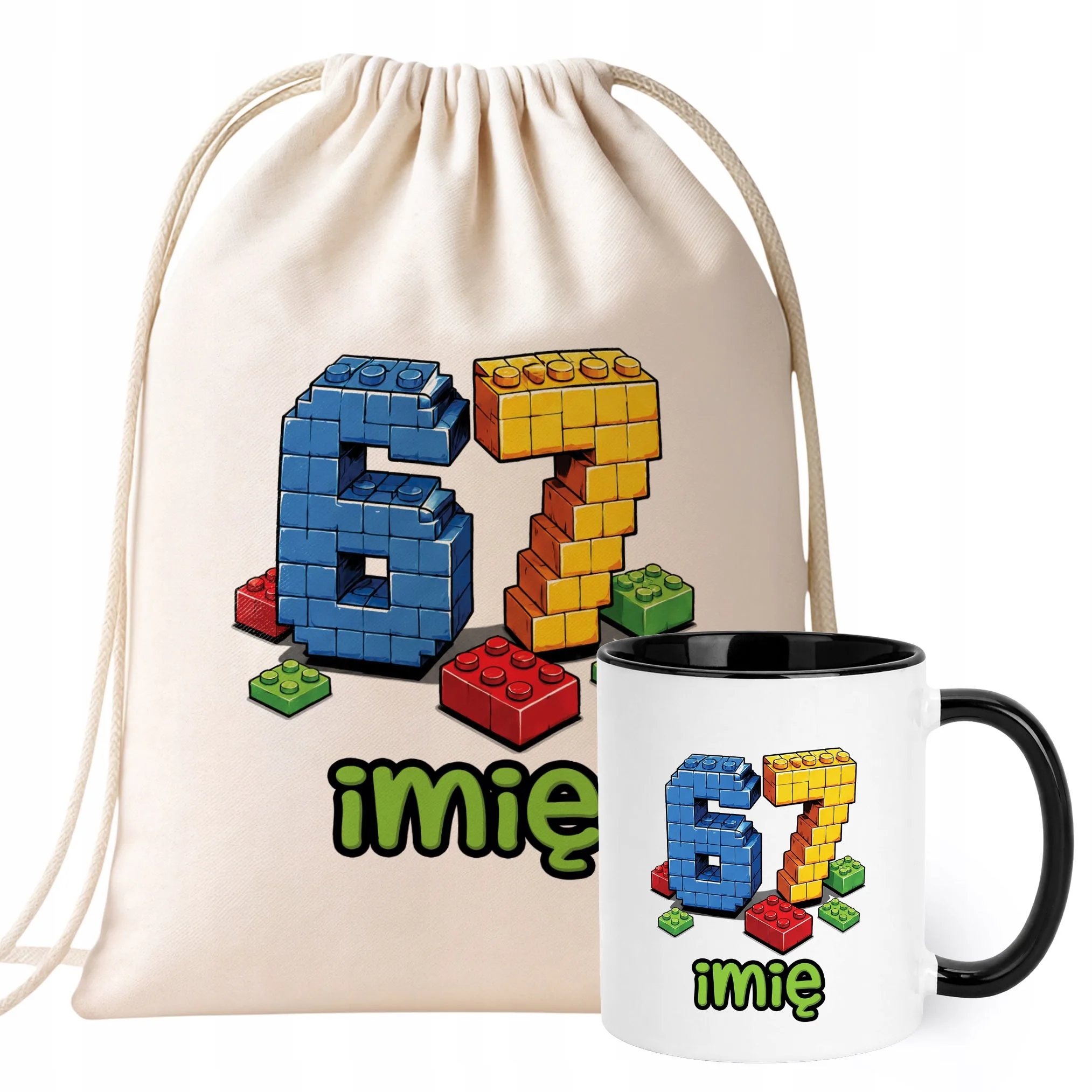 Zestaw Personalizowany Plecak Worek Kubek Czarny 67 Six Seven Prezent