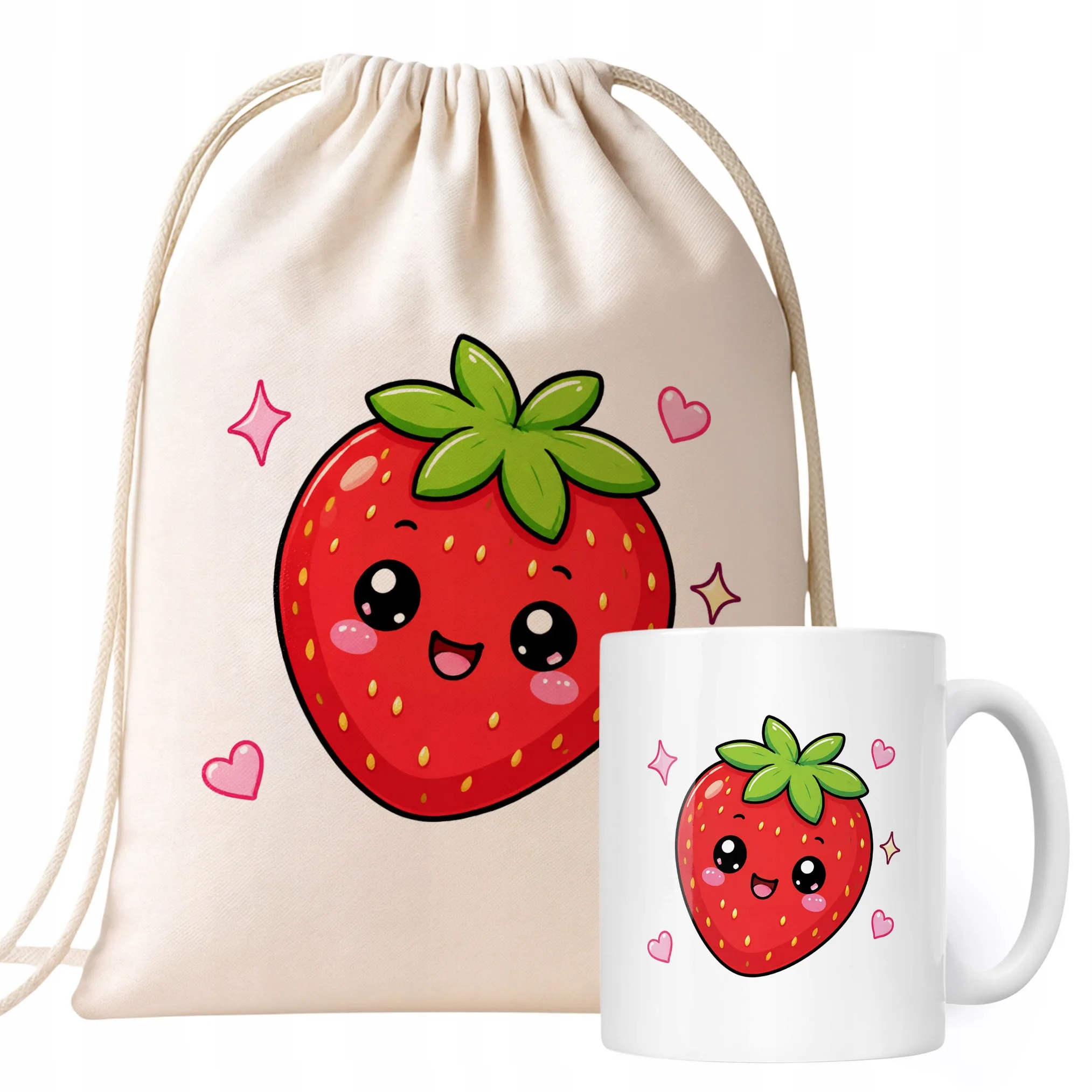 Zestaw Plecak Worek Kubek Z Nadrukiem Kawaii Truskawka Dla Dzieci Prezent