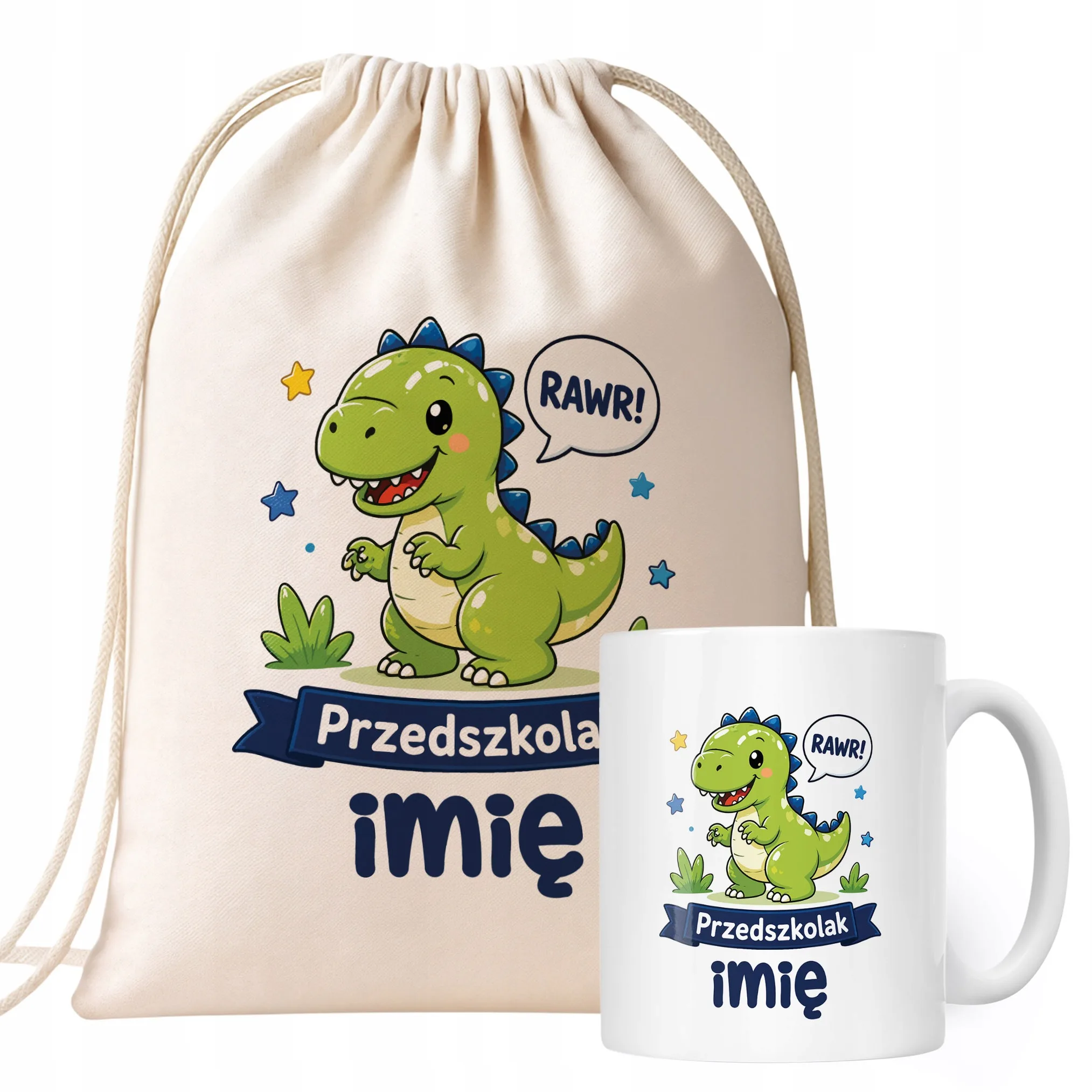 Zestaw Personalizowany Plecak Worek Kubek Przedszkolak Dinozaur Prezent