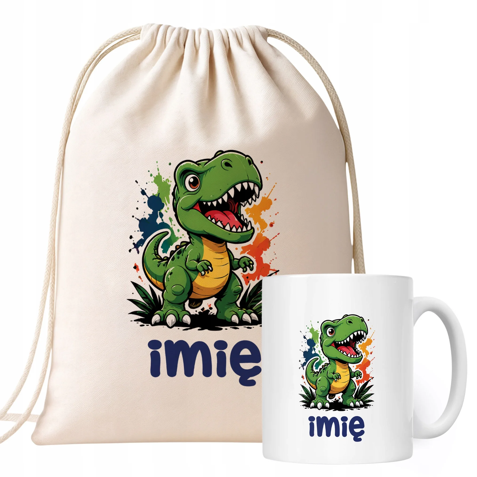 Zestaw Personalizowany Plecak Worek Kubek T-rex Prezent