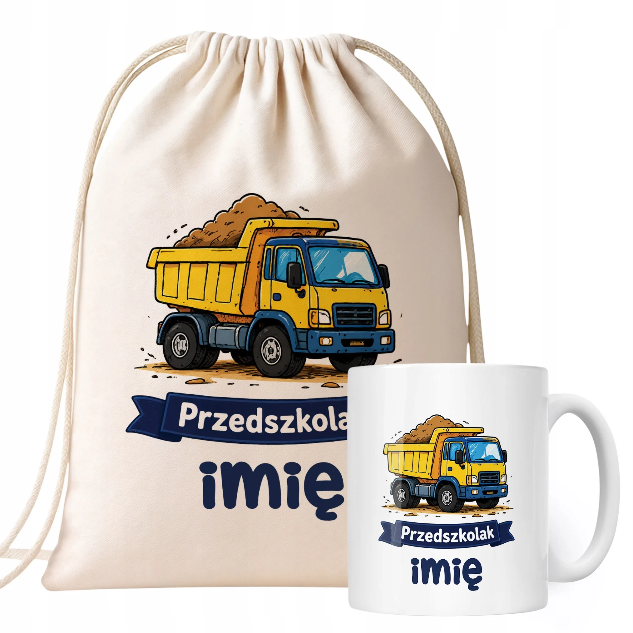 Zestaw Personalizowany Plecak Worek Kubek Przedszkolak Ciężarówka Prezent