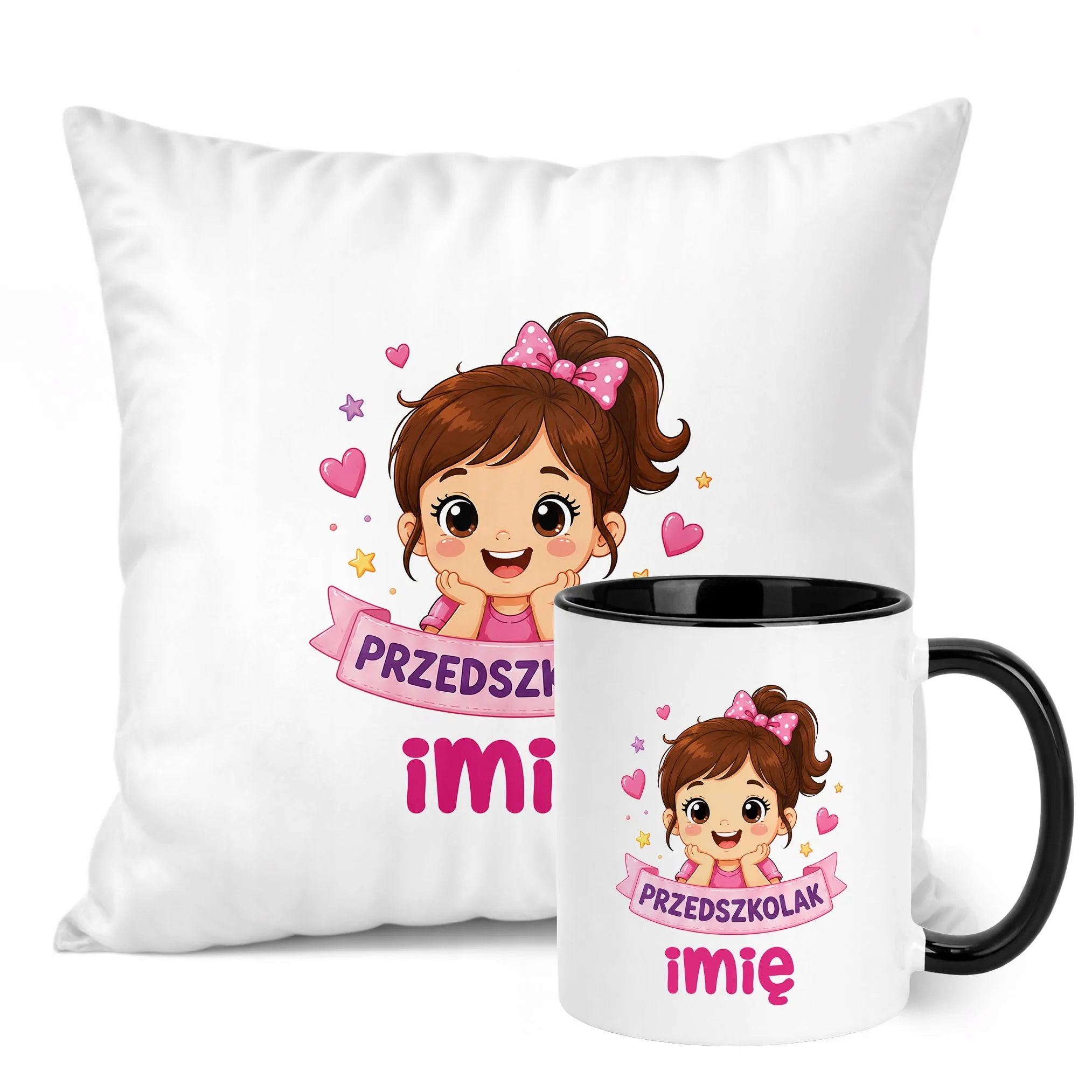 Zestaw Personalizowany Kubek Czarny Poduszka Przedszkolak Prezent