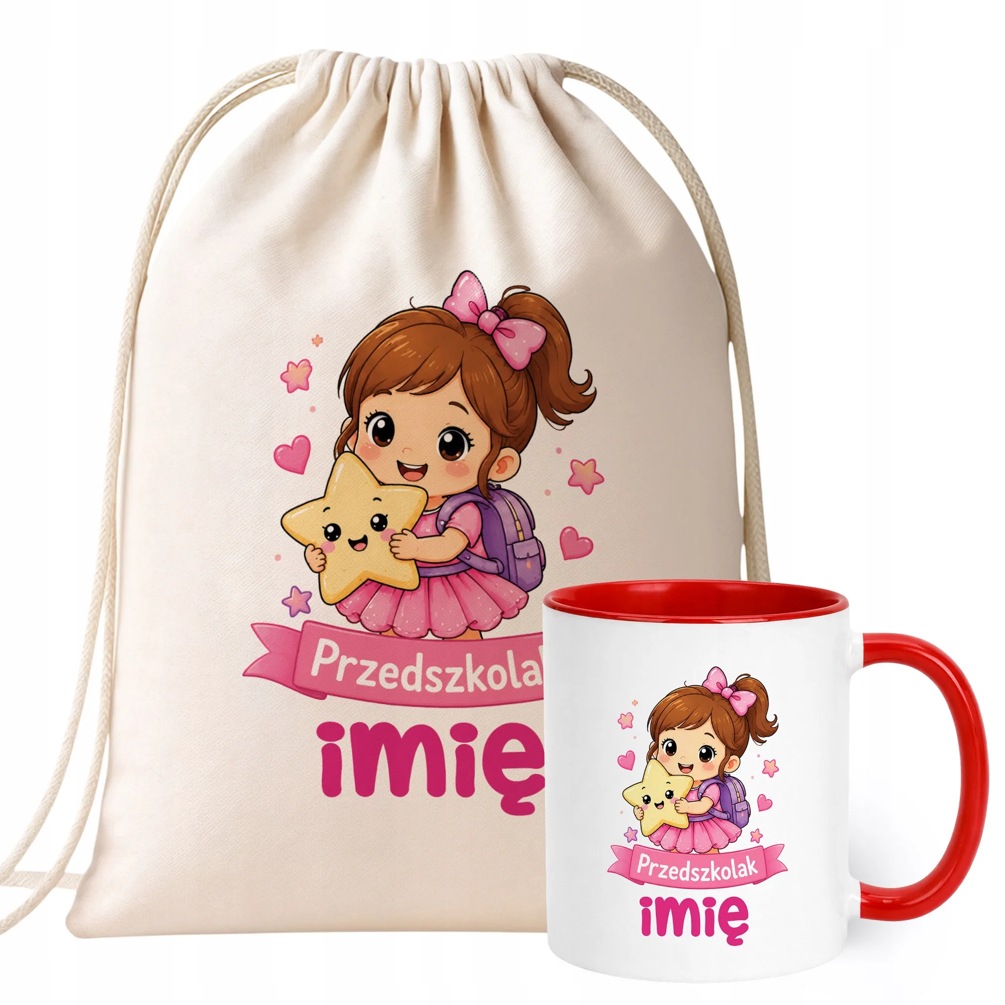 Zestaw Personalizowany Plecak Worek Kubek Czerwony Przedszkolak Prezent