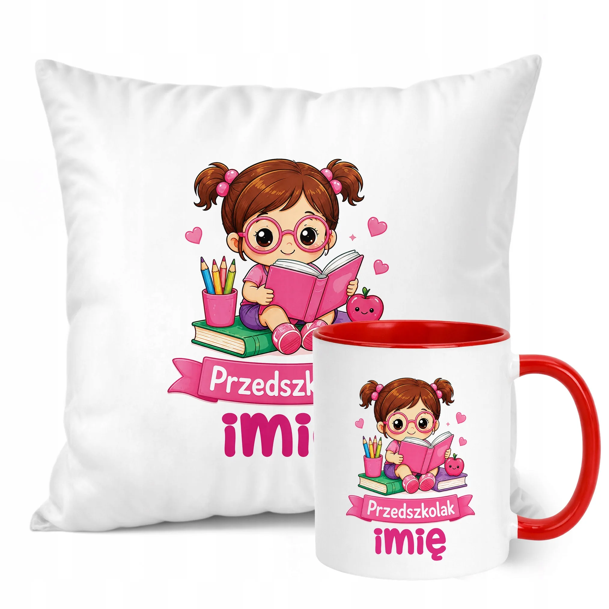 Zestaw Personalizowany Kubek Czerwony Poduszka Przedszkolak Prezent