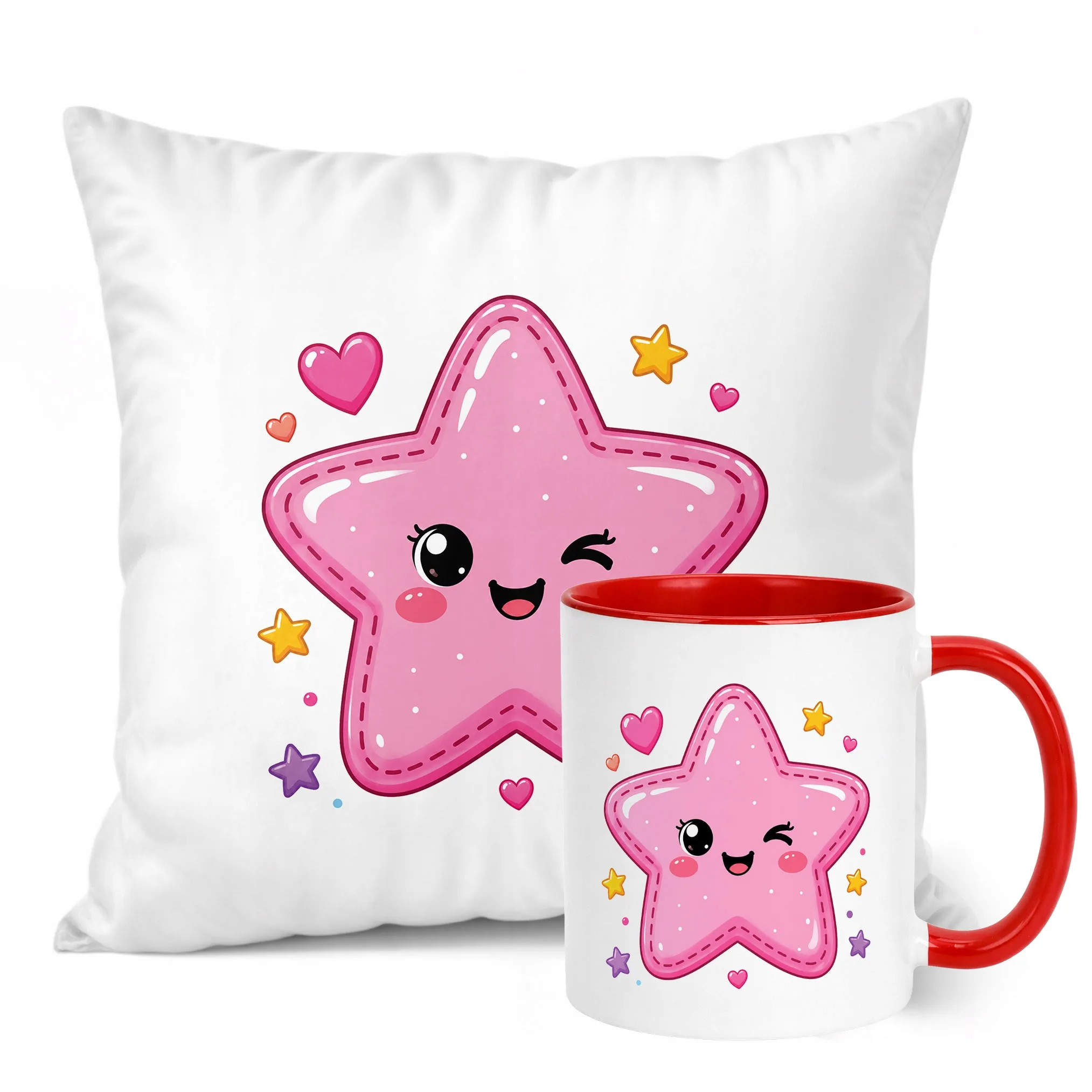 Zestaw Kubek Czerwony Poduszka Z Nadrukiem Kawaii Gwiazdka Prezent