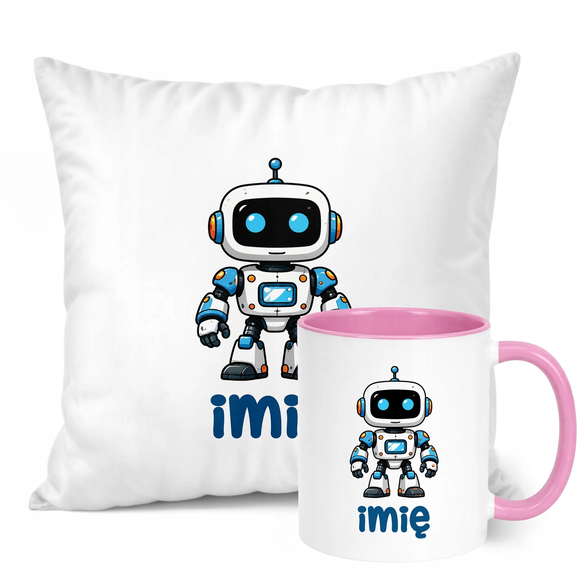 Zestaw Personalizowany Kubek Różowy Poduszka Robot Prezent