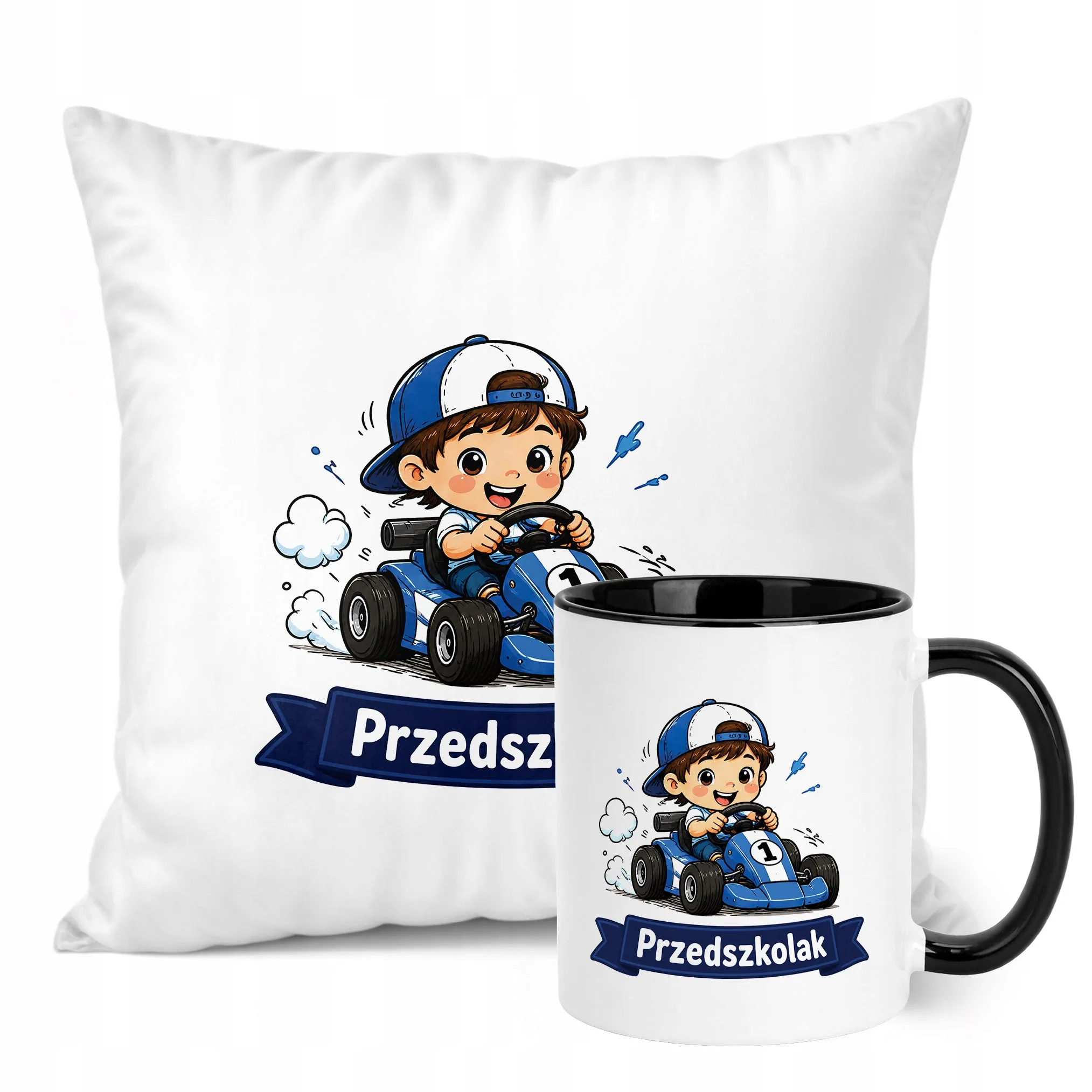 Zestaw Kubek Czarny Poduszka Z Nadrukiem Przedszkolak Szkoła Prezent