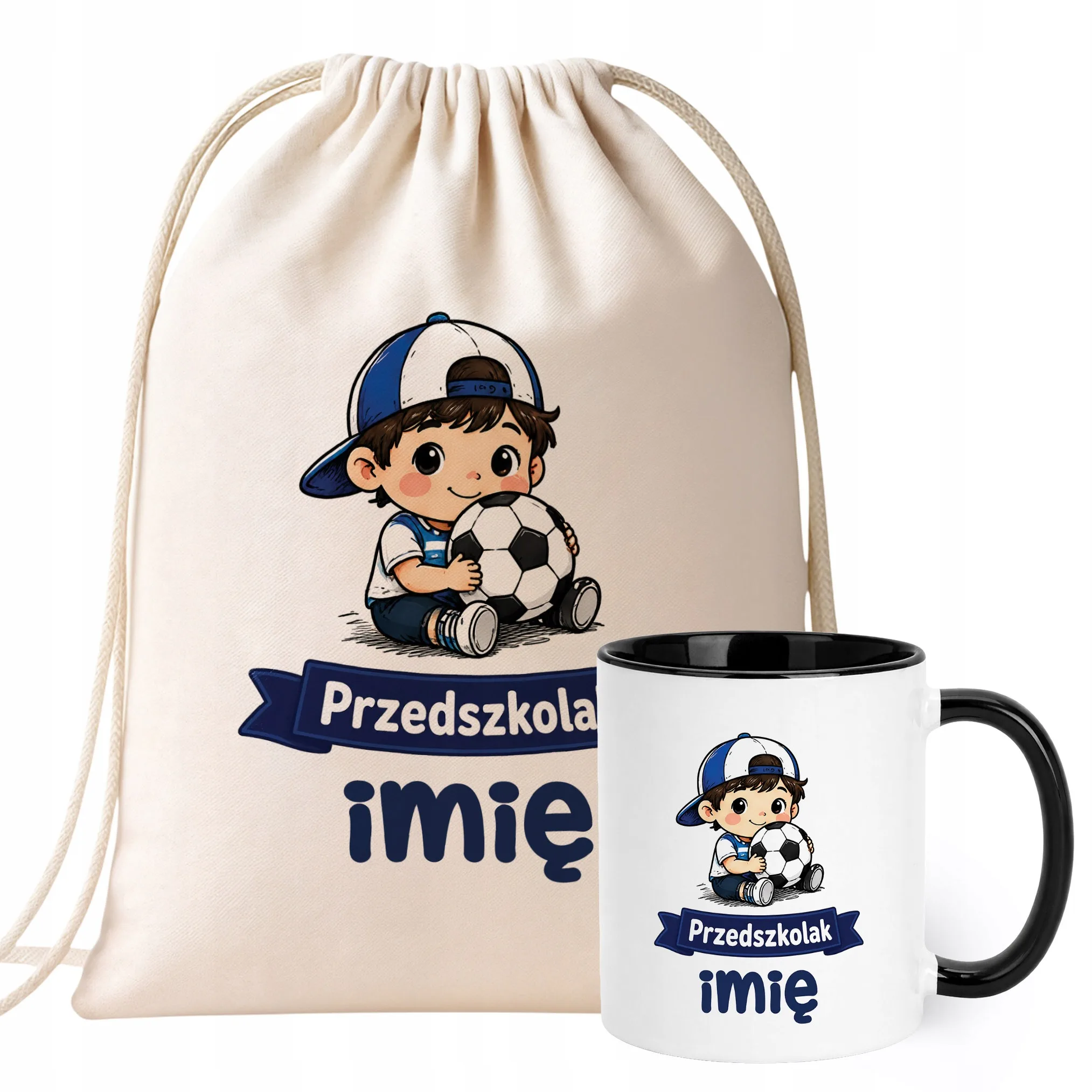 Zestaw Personalizowany Plecak Worek Kubek Czarny Przedszkolak Piłka nożna