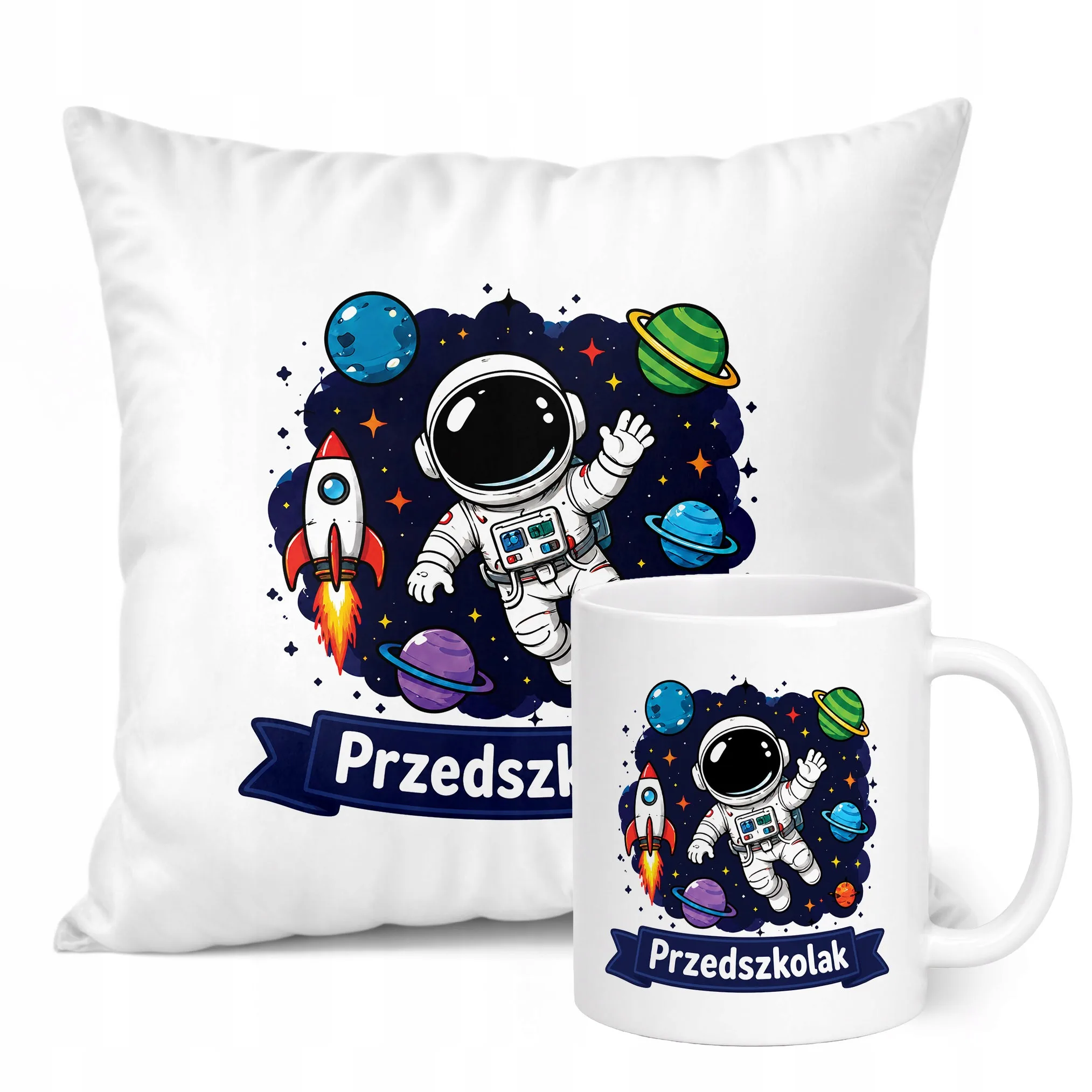 Zestaw Kubek Biały Poduszka Z Nadrukiem Przedszkolak Szkoła Prezent