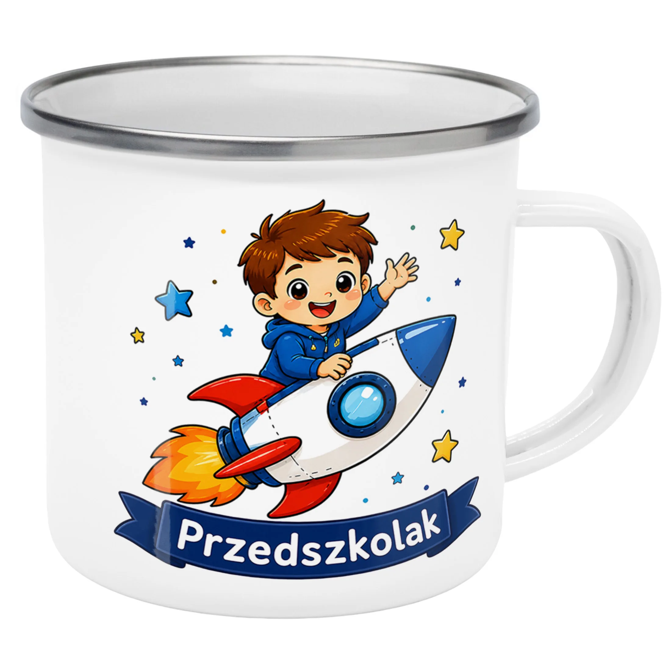 Kubek Emaliowany Przedszkolak Szkoła z Nadrukiem Biały Metalowy Prezent