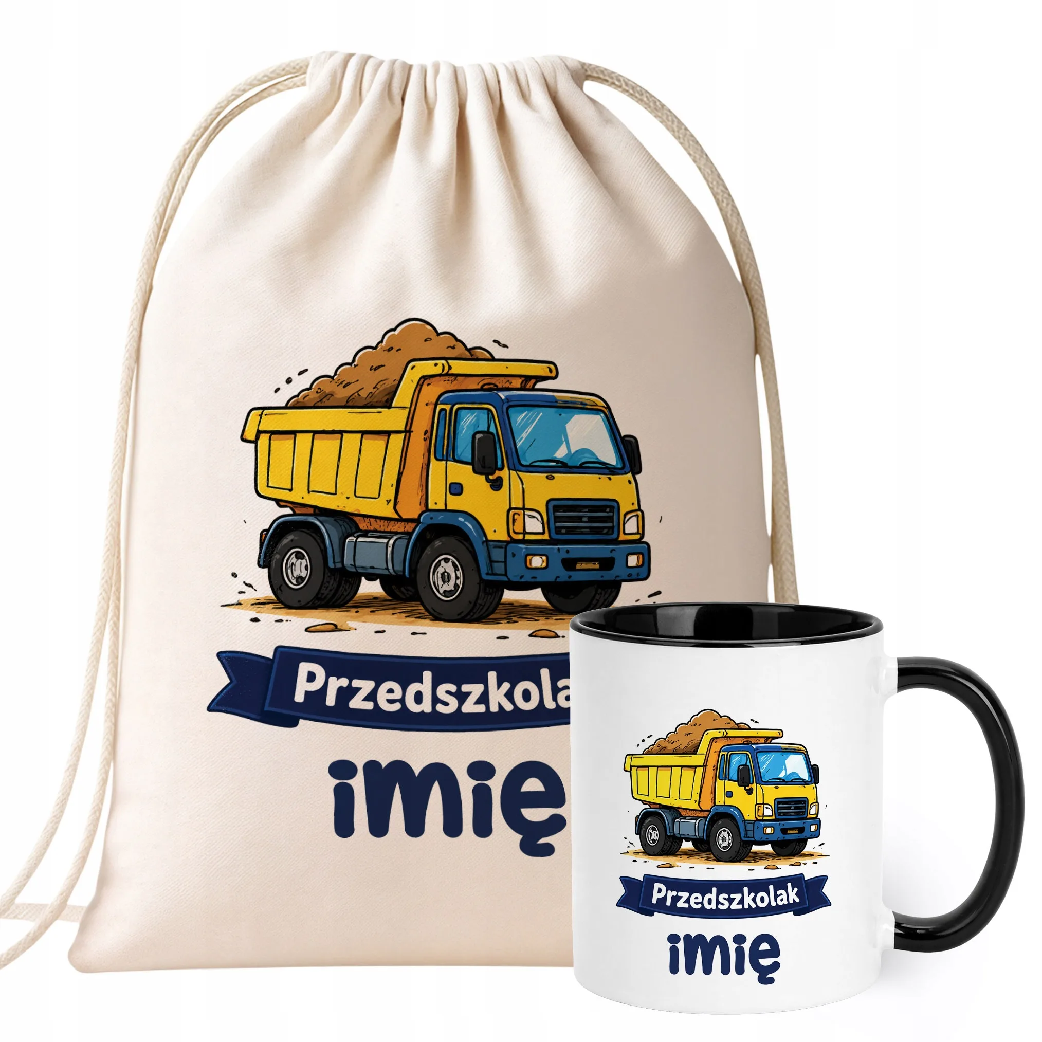 Zestaw Personalizowany Plecak Worek Kubek Czarny Przedszkolak Ciężarówka