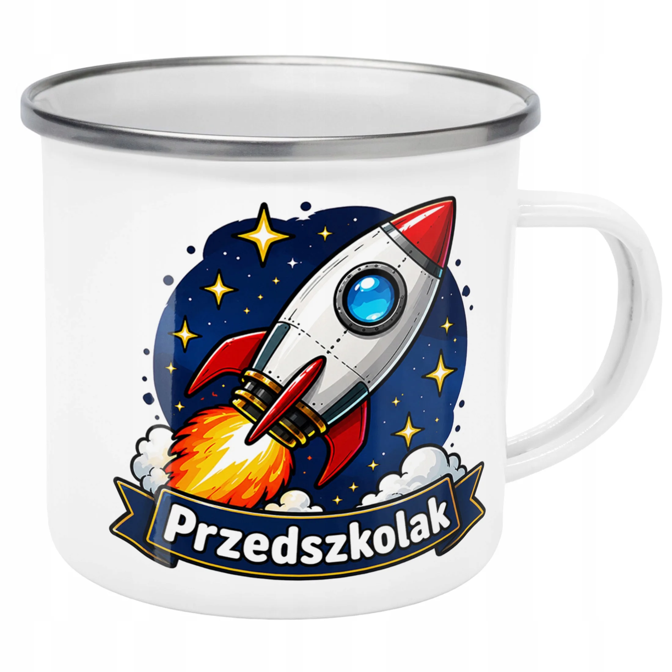 Kubek Emaliowany Przedszkolak Szkoła z Nadrukiem Biały Metalowy Prezent