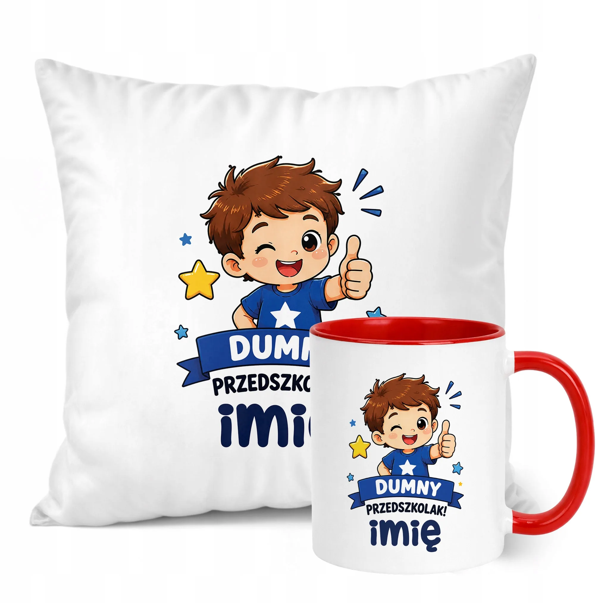 Zestaw Personalizowany Kubek Czerwony Poduszka Dumny Przedszkolak