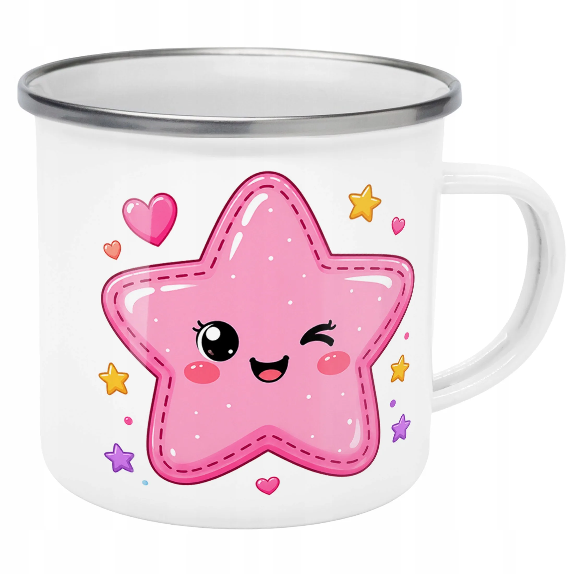 Kubek Emaliowany Kawaii Gwiazdka z Nadrukiem Biały Metalowy Prezent
