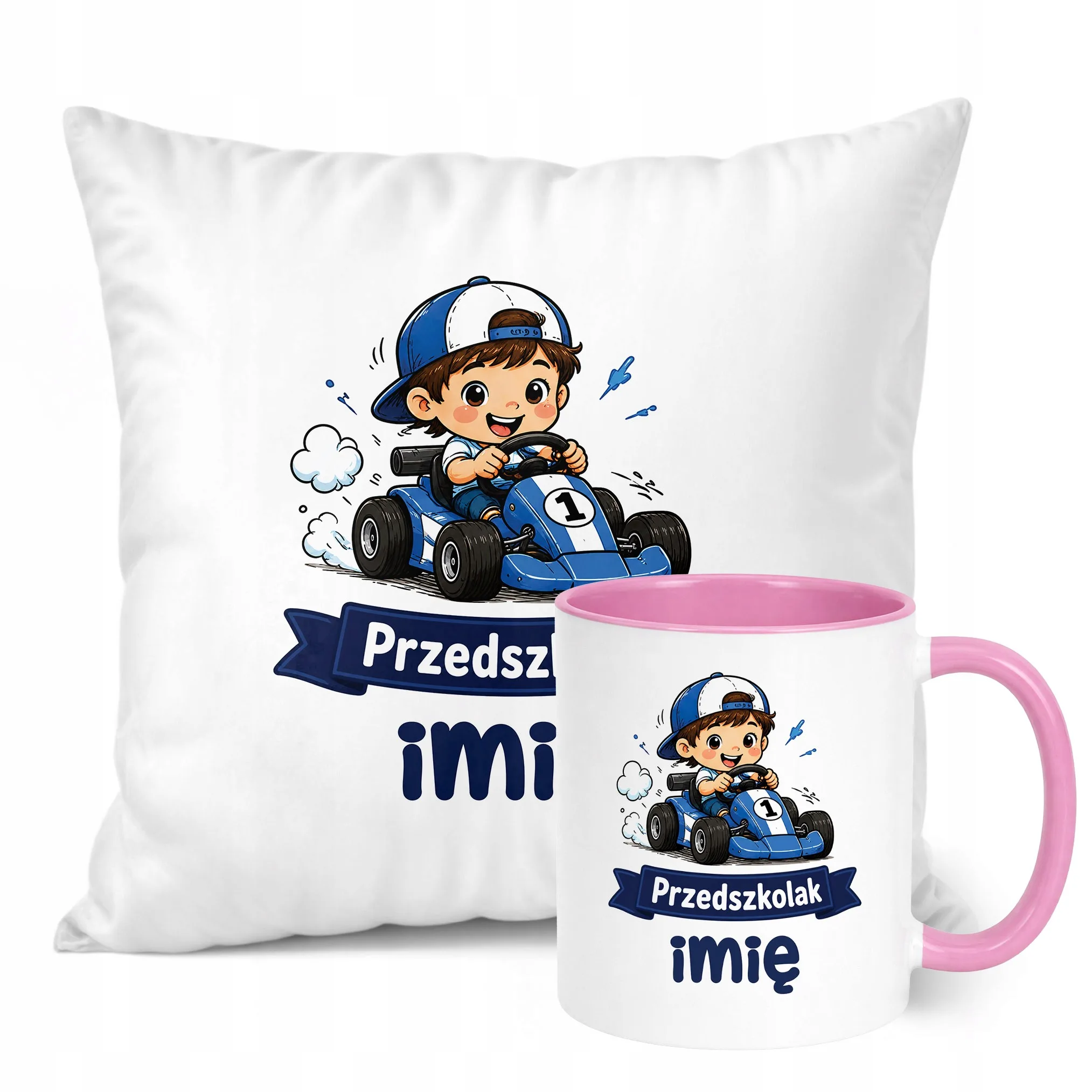 Zestaw Personalizowany Kubek Różowy Poduszka Przedszkolak Prezent