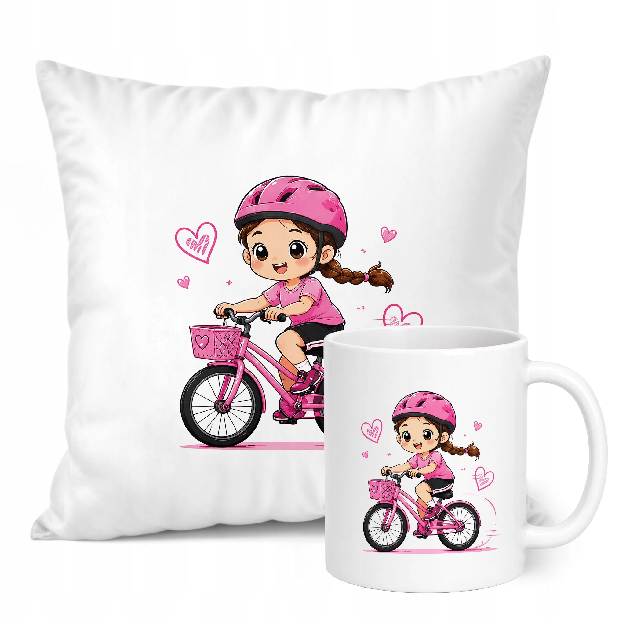 Zestaw Kubek Biały Poduszka Z Nadrukiem Rower Dziewczynka Prezent