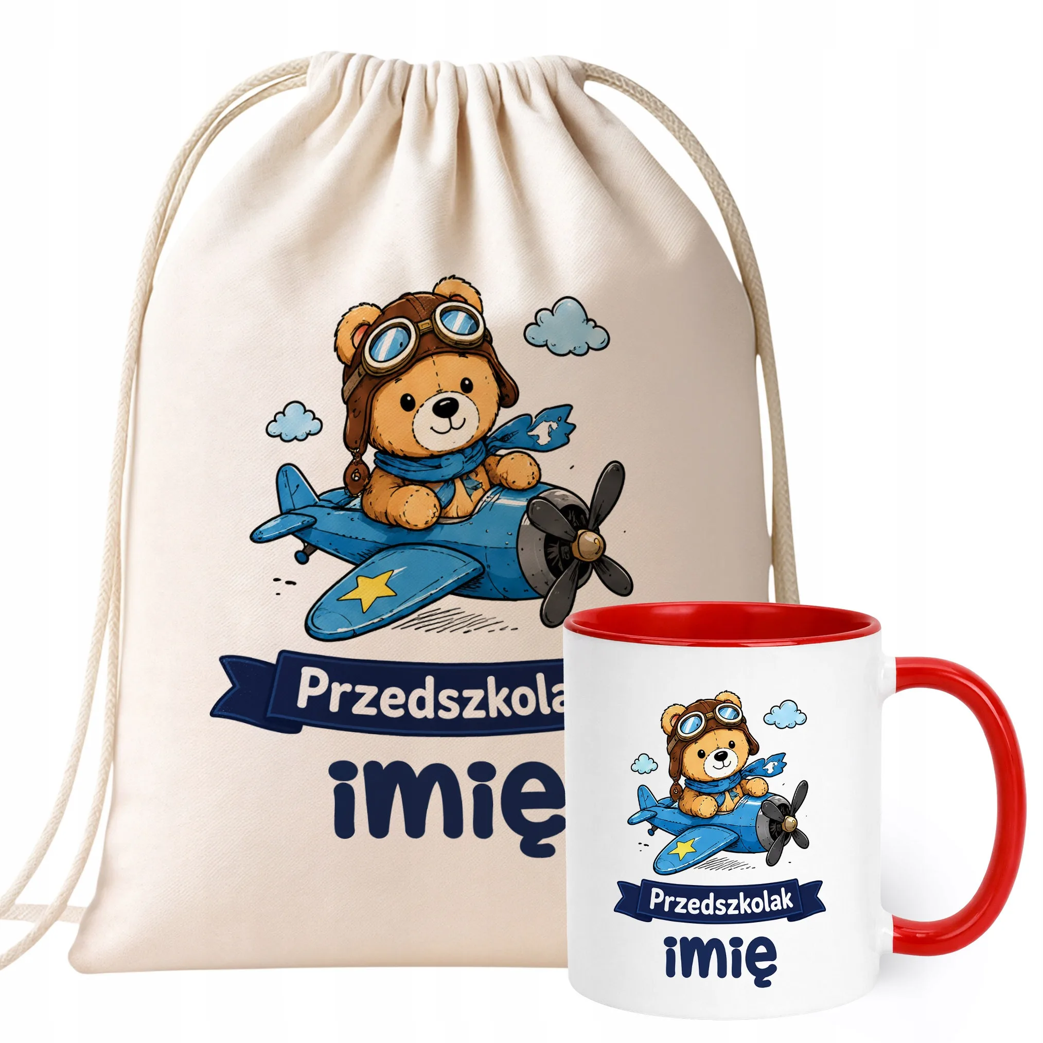 Zestaw Personalizowany Plecak Worek Kubek Czerwony Przedszkolak Miś