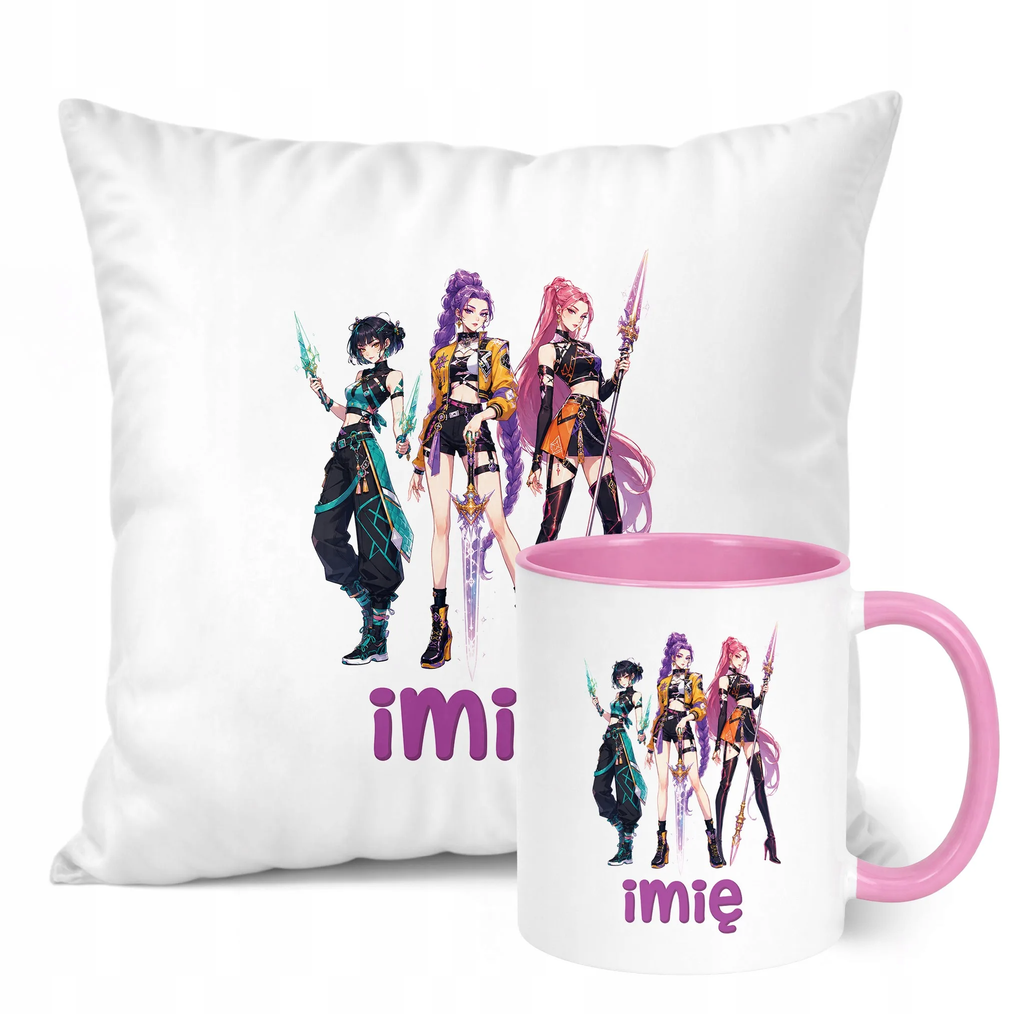 Zestaw Personalizowany Kubek Różowy Poduszka Łowczynie Kpop Prezent