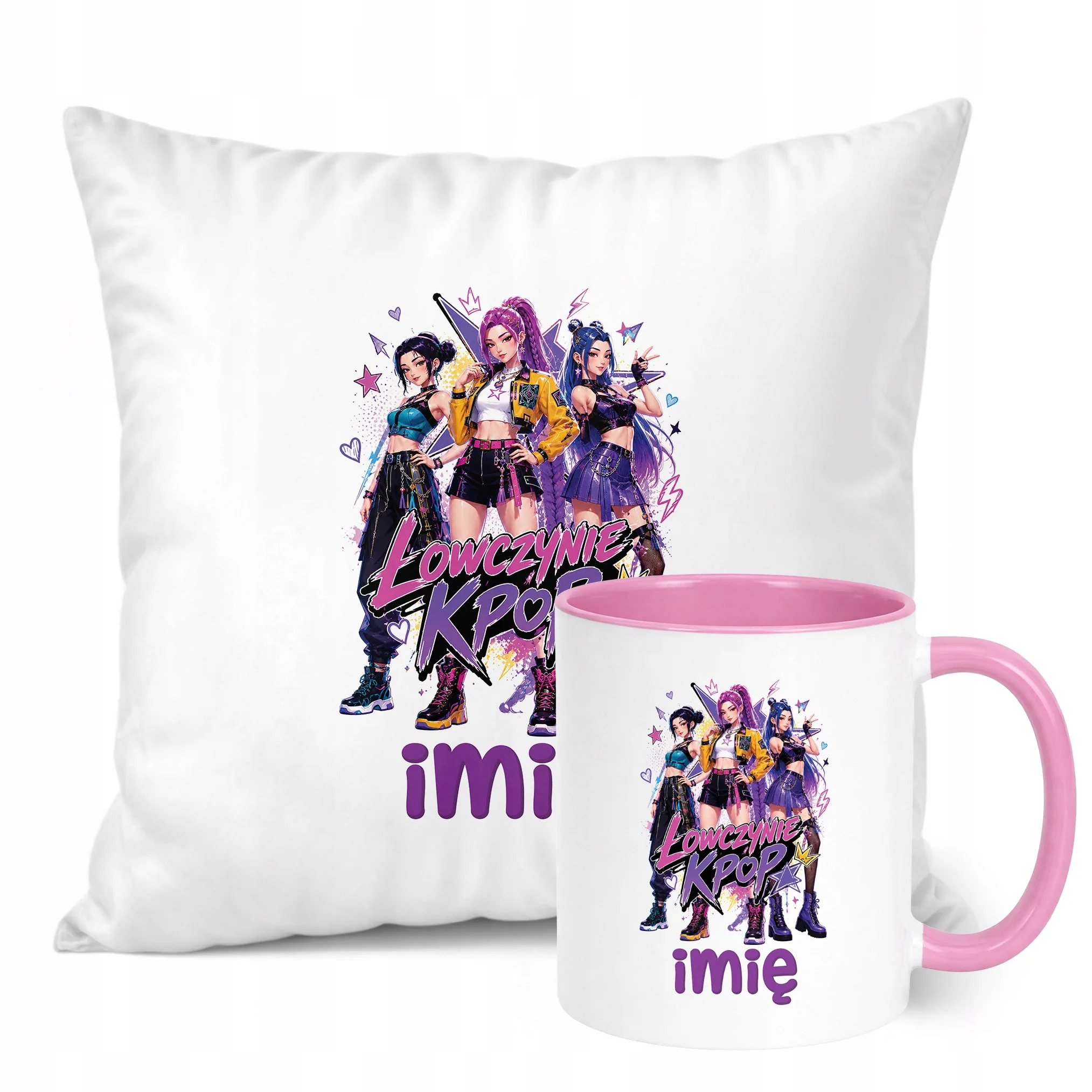 Zestaw Personalizowany Kubek Różowy Poduszka Łowczynie Kpop Prezent