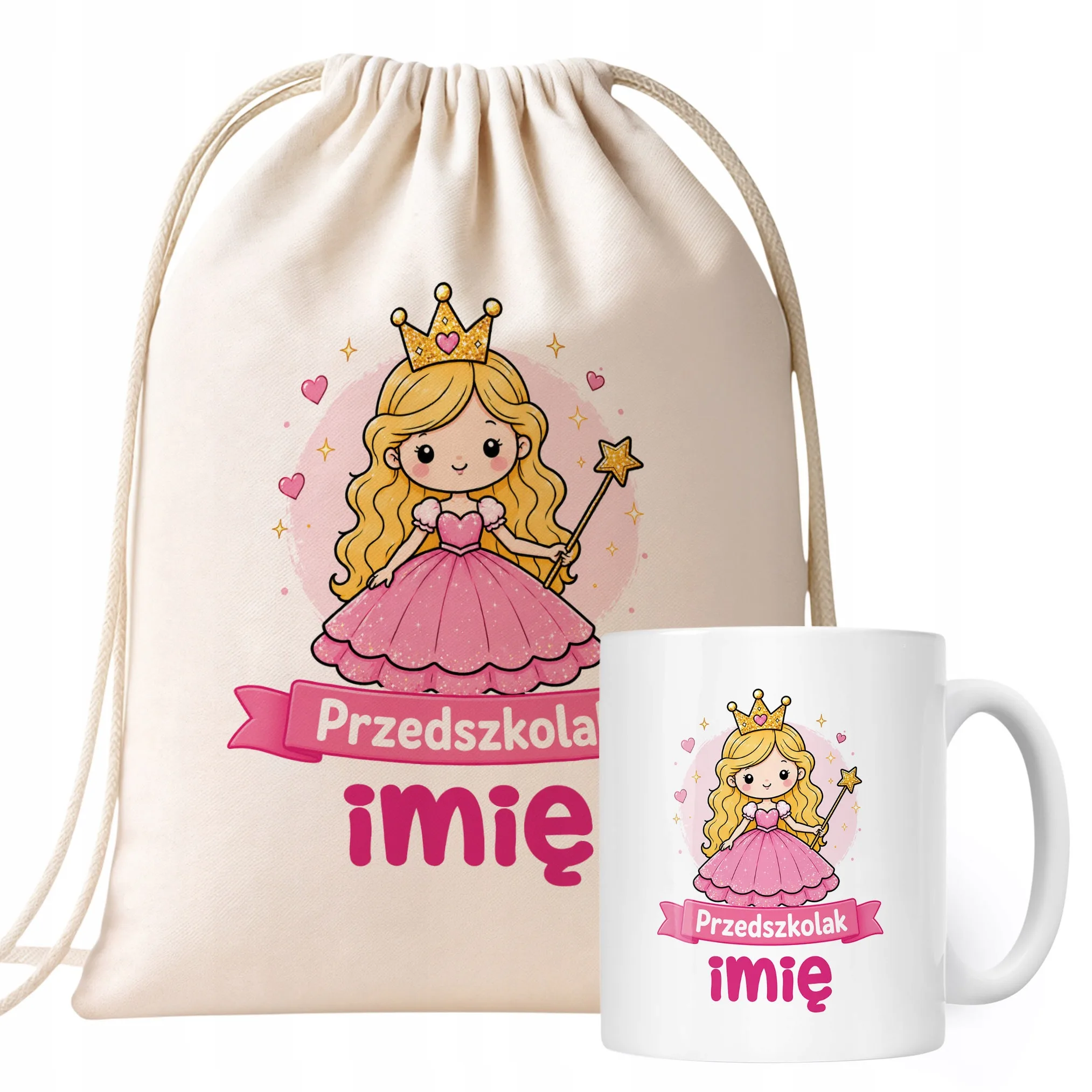 Zestaw Personalizowany Plecak Worek Kubek Przedszkolak Księżniczka Prezent