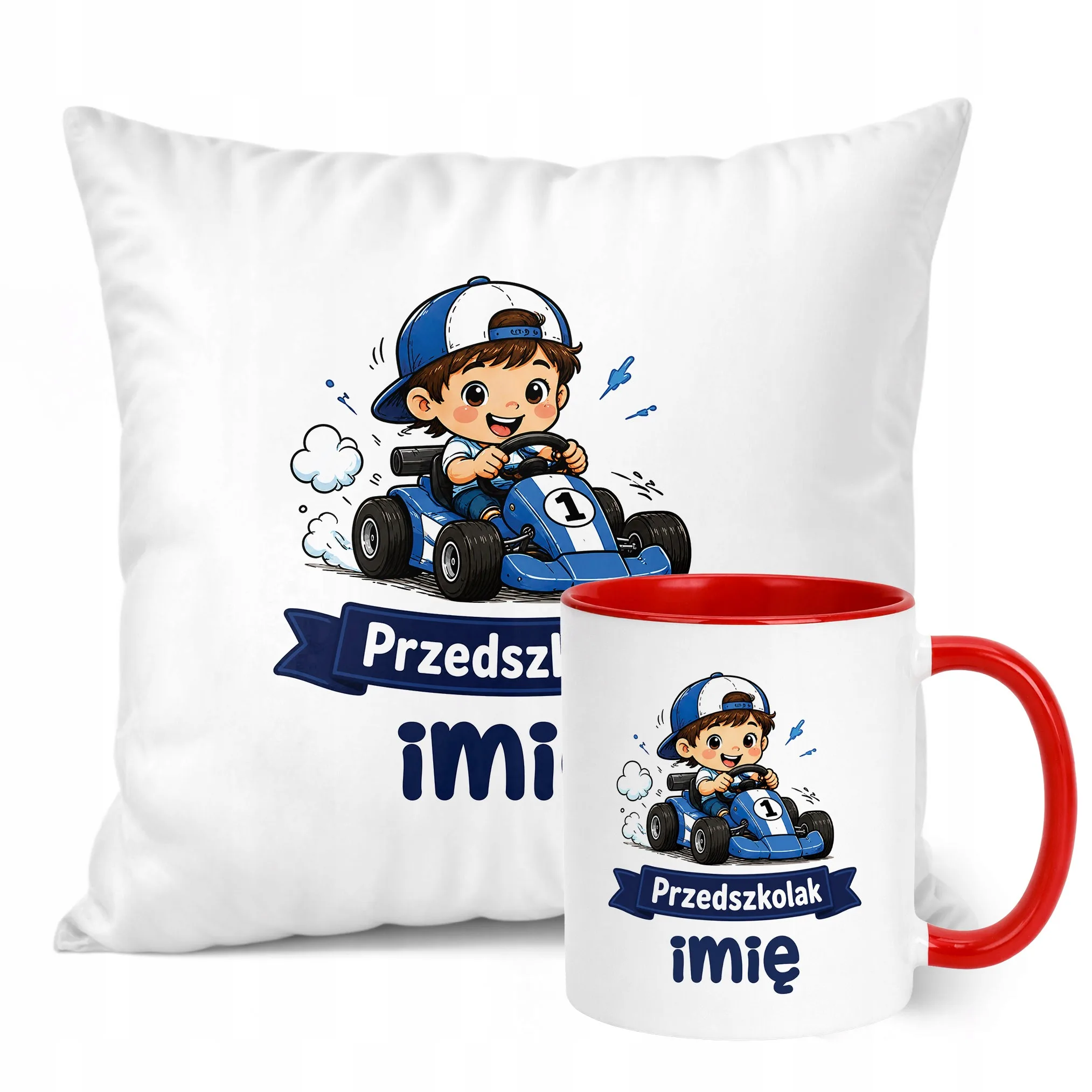 Zestaw Personalizowany Kubek Czerwony Poduszka Przedszkolak Prezent