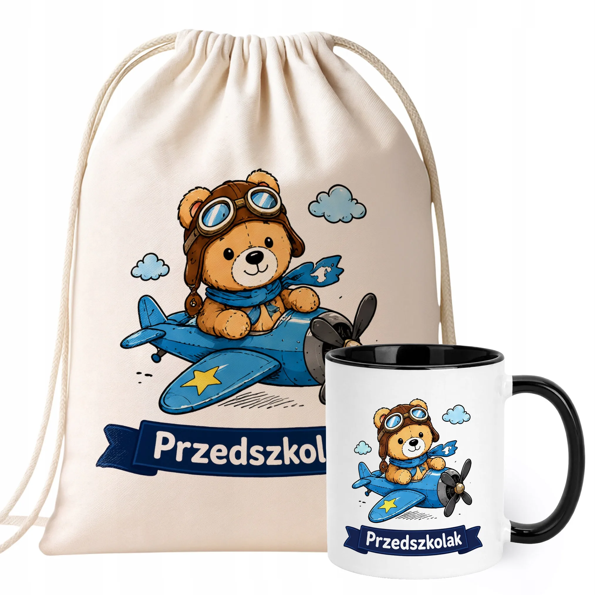 Zestaw Plecak Worek Kubek Czarny Z Nadrukiem Przedszkolak Dla Dzieci