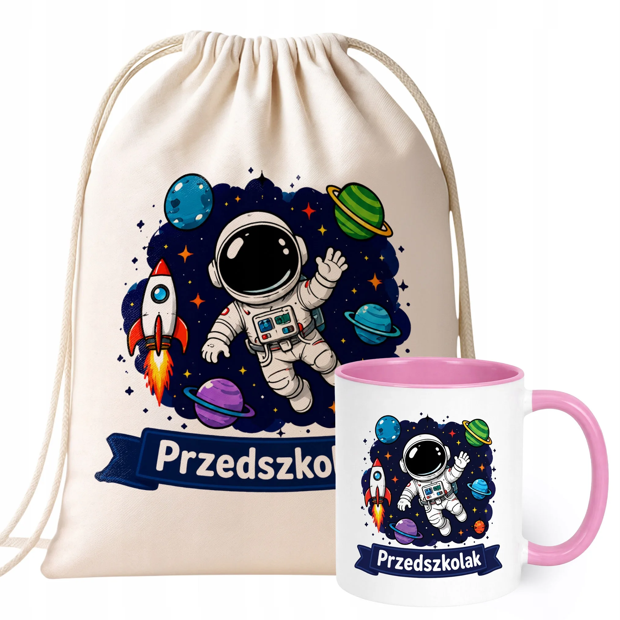 Zestaw Plecak Worek Kubek Różowy Z Nadrukiem Przedszkolak Dla Dzieci