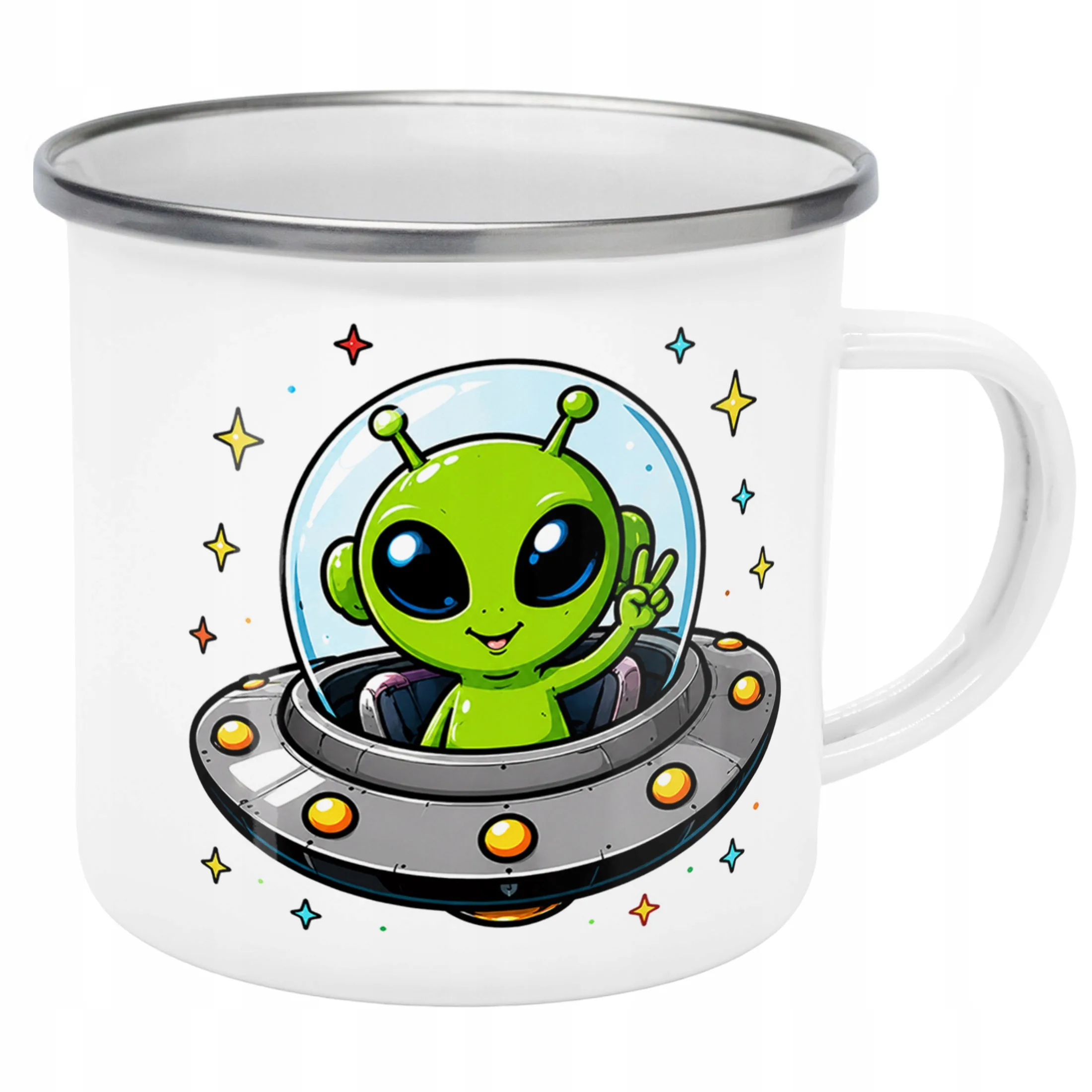 Kubek Emaliowany Kosmita UFO z Nadrukiem Biały Metalowy Prezent
