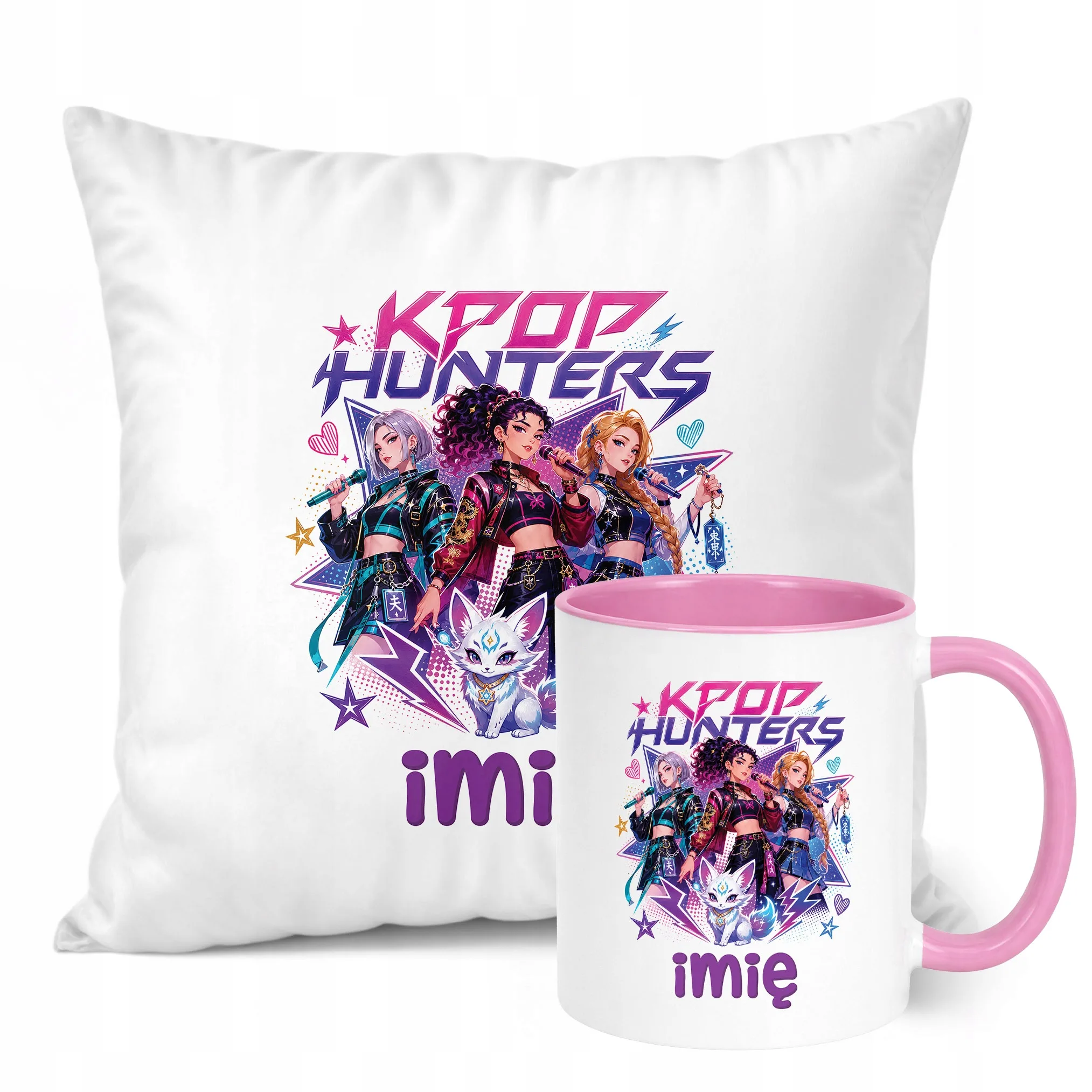 Zestaw Personalizowany Kubek Różowy Poduszka Łowczynie Kpop Prezent