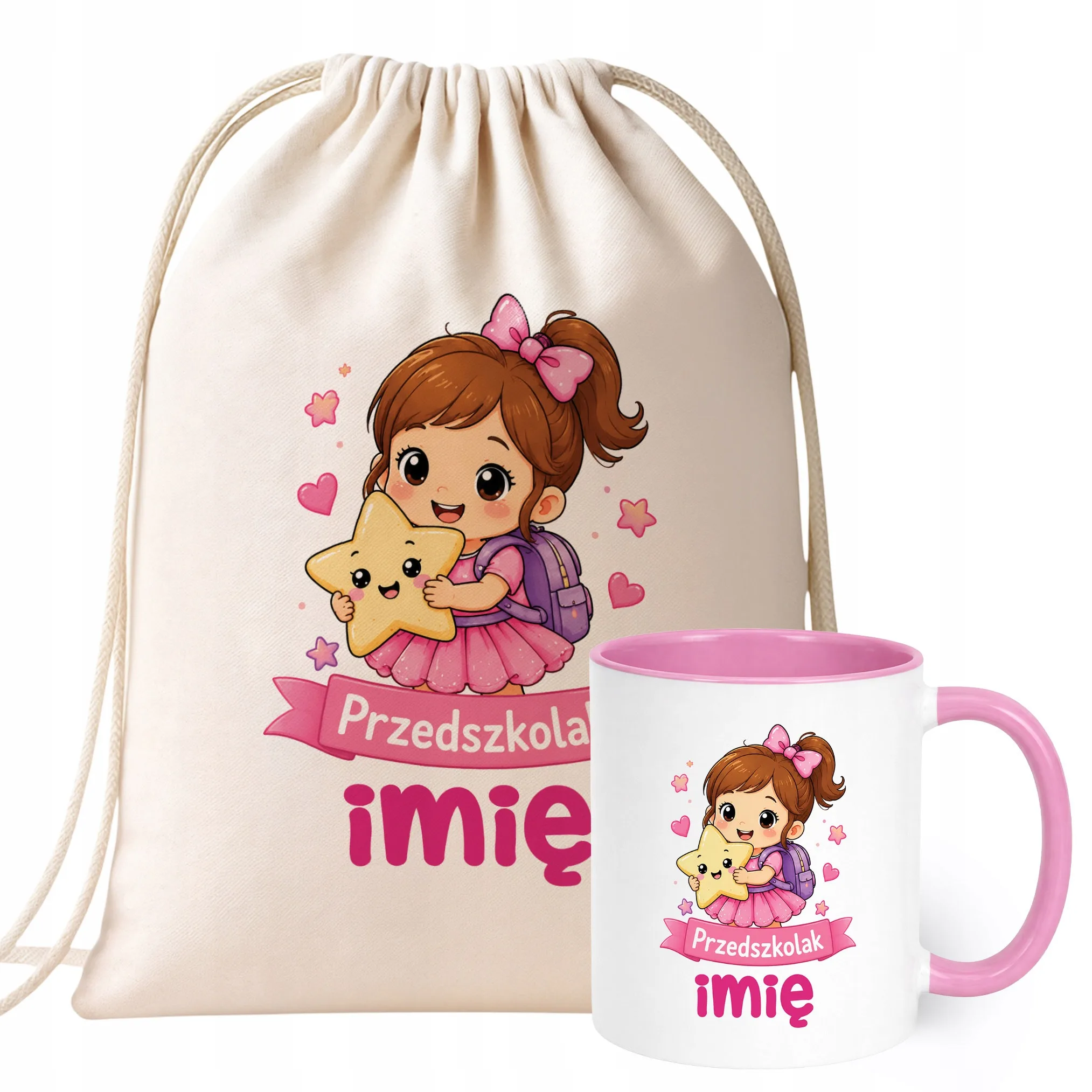 Zestaw Personalizowany Plecak Worek Kubek Różowy Przedszkolak Prezent