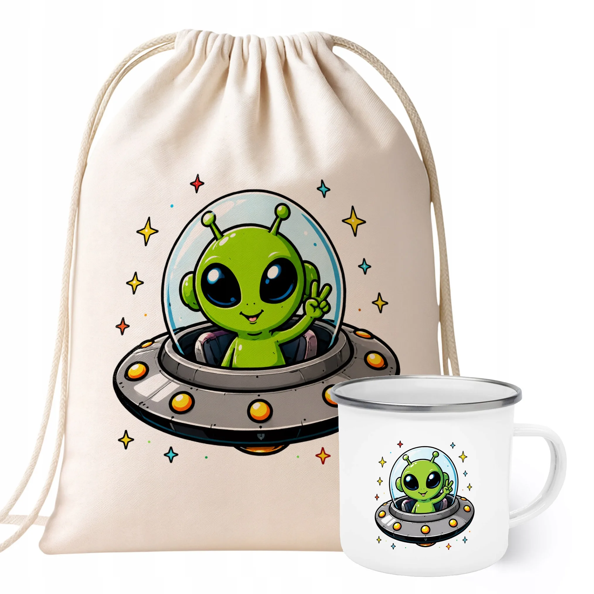 Zestaw Plecak Worek Kubek Emaliowany Z Nadrukiem Kosmita UFO Prezent
