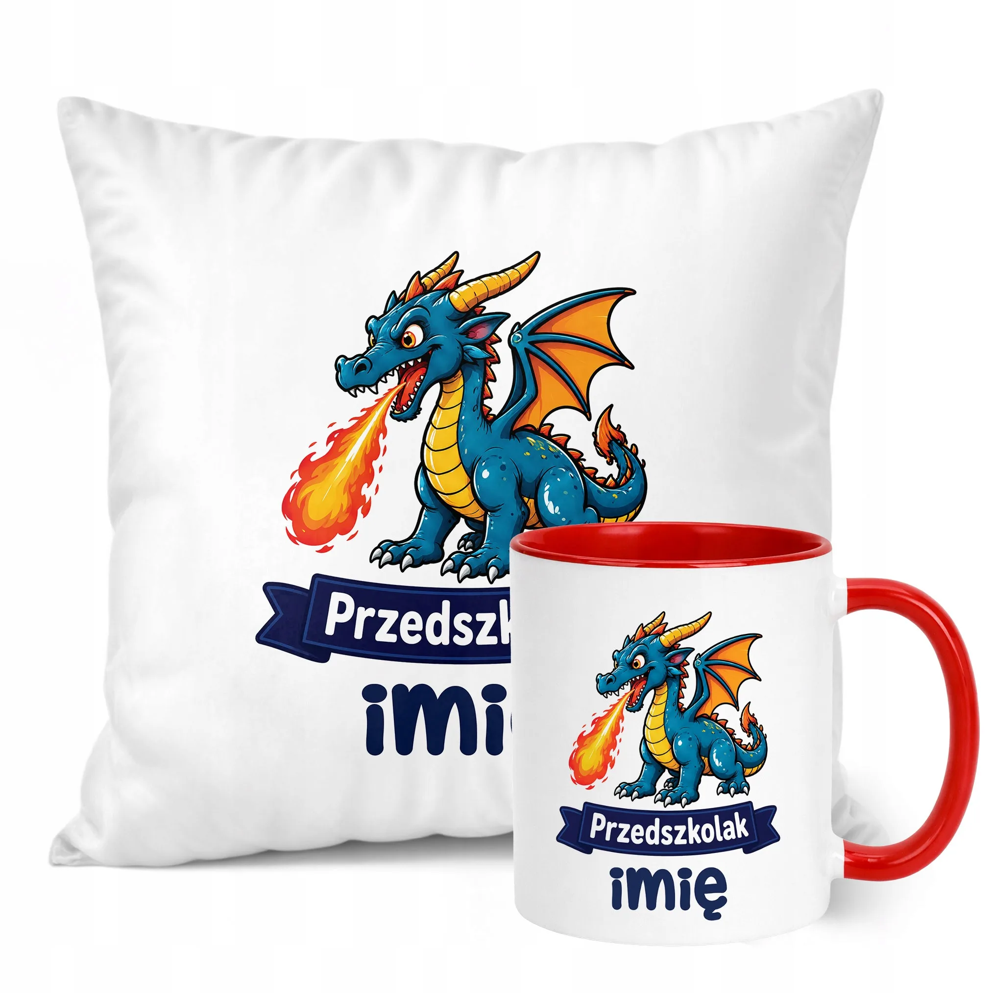 Zestaw Personalizowany Kubek Czerwony Poduszka Przedszkolak Smok