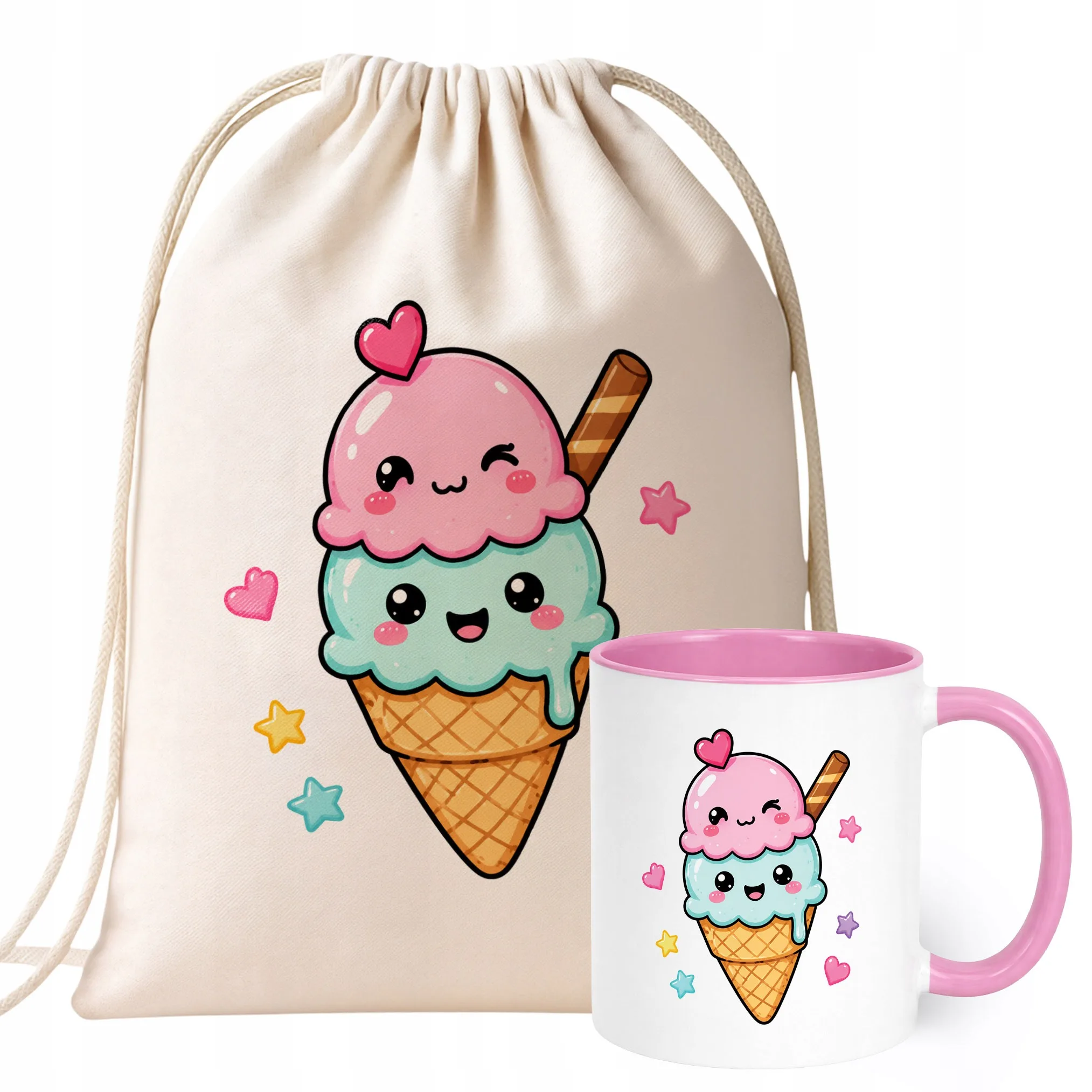Zestaw Plecak Worek Kubek Różowy Z Nadrukiem Kawaii Lody Prezent