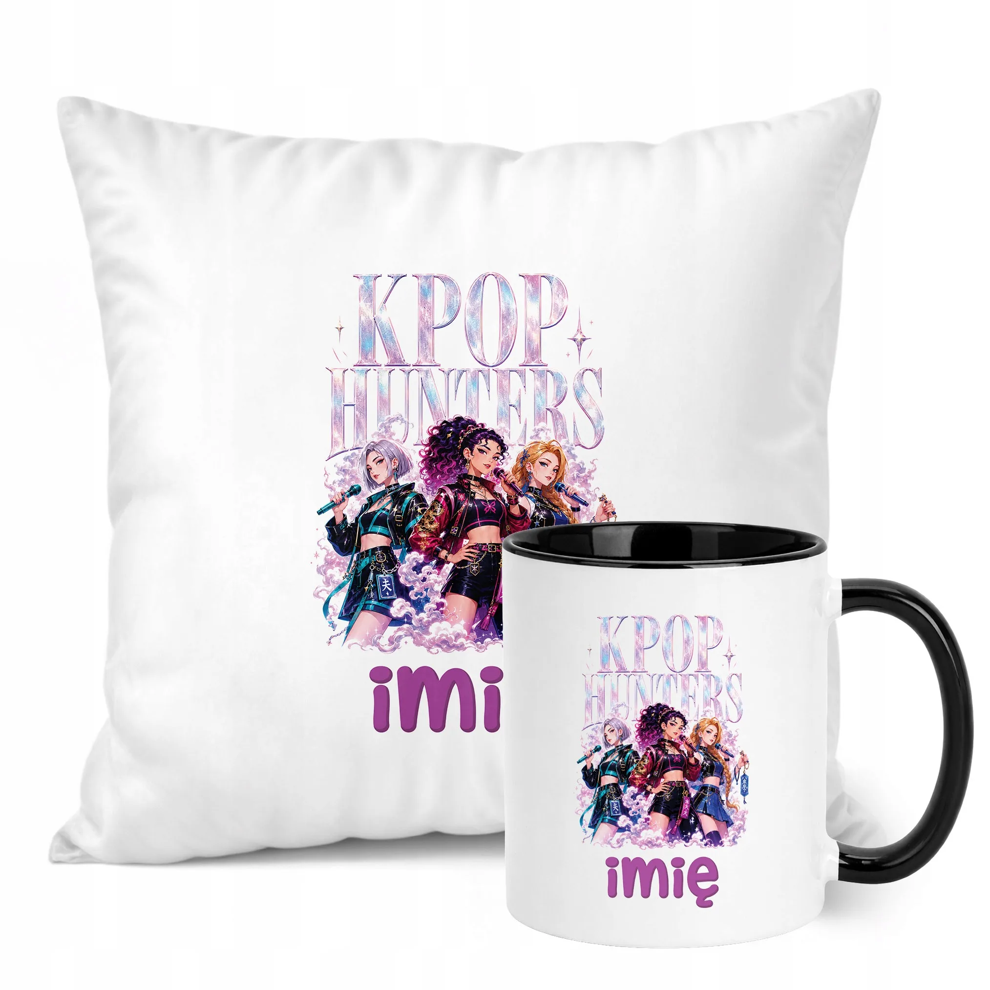 Zestaw Personalizowany Kubek Czarny Poduszka Łowczynie Kpop Prezent